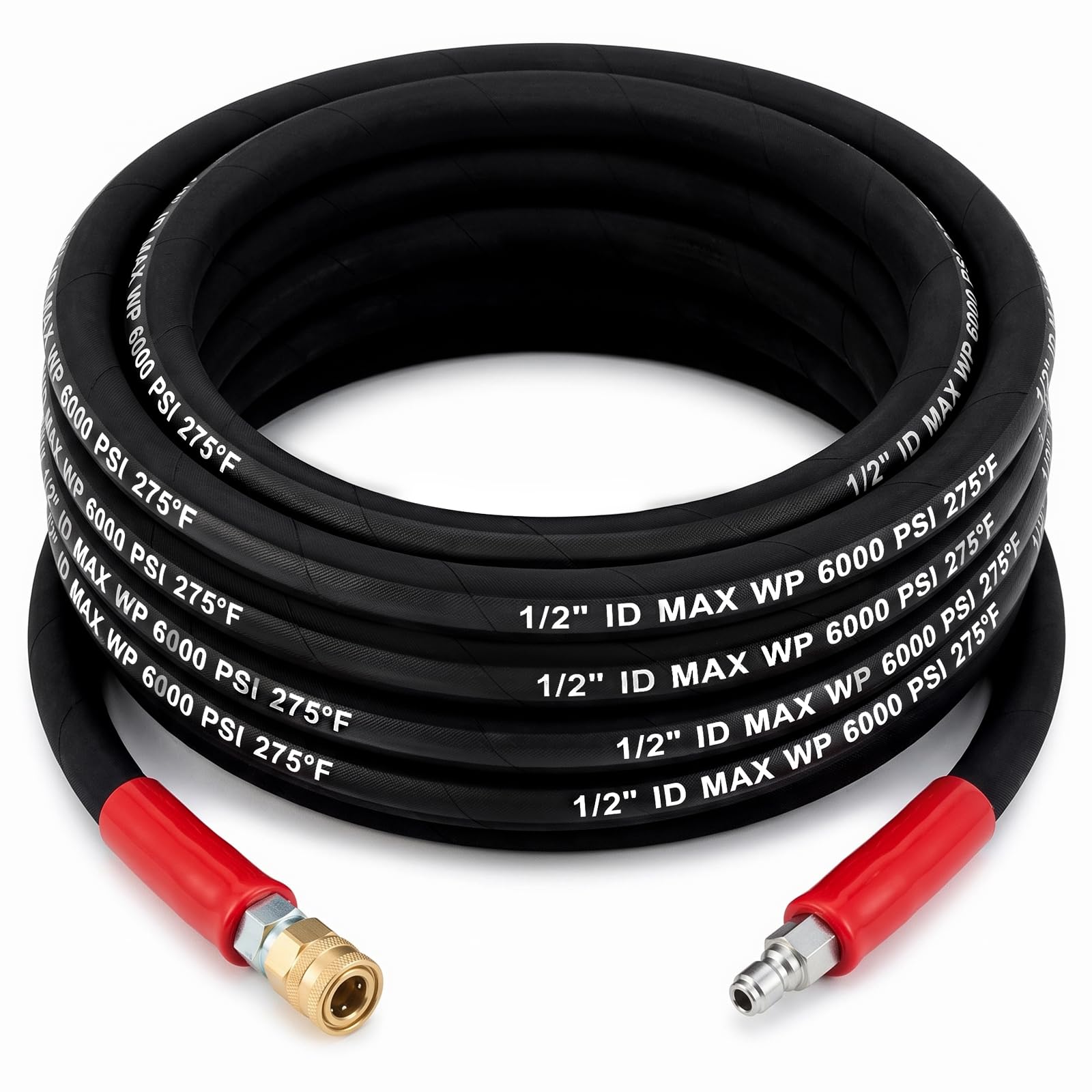 1/2" ID x 50 FT 6000 PSI Pressure Washer Hose with 3/8 Swivel End