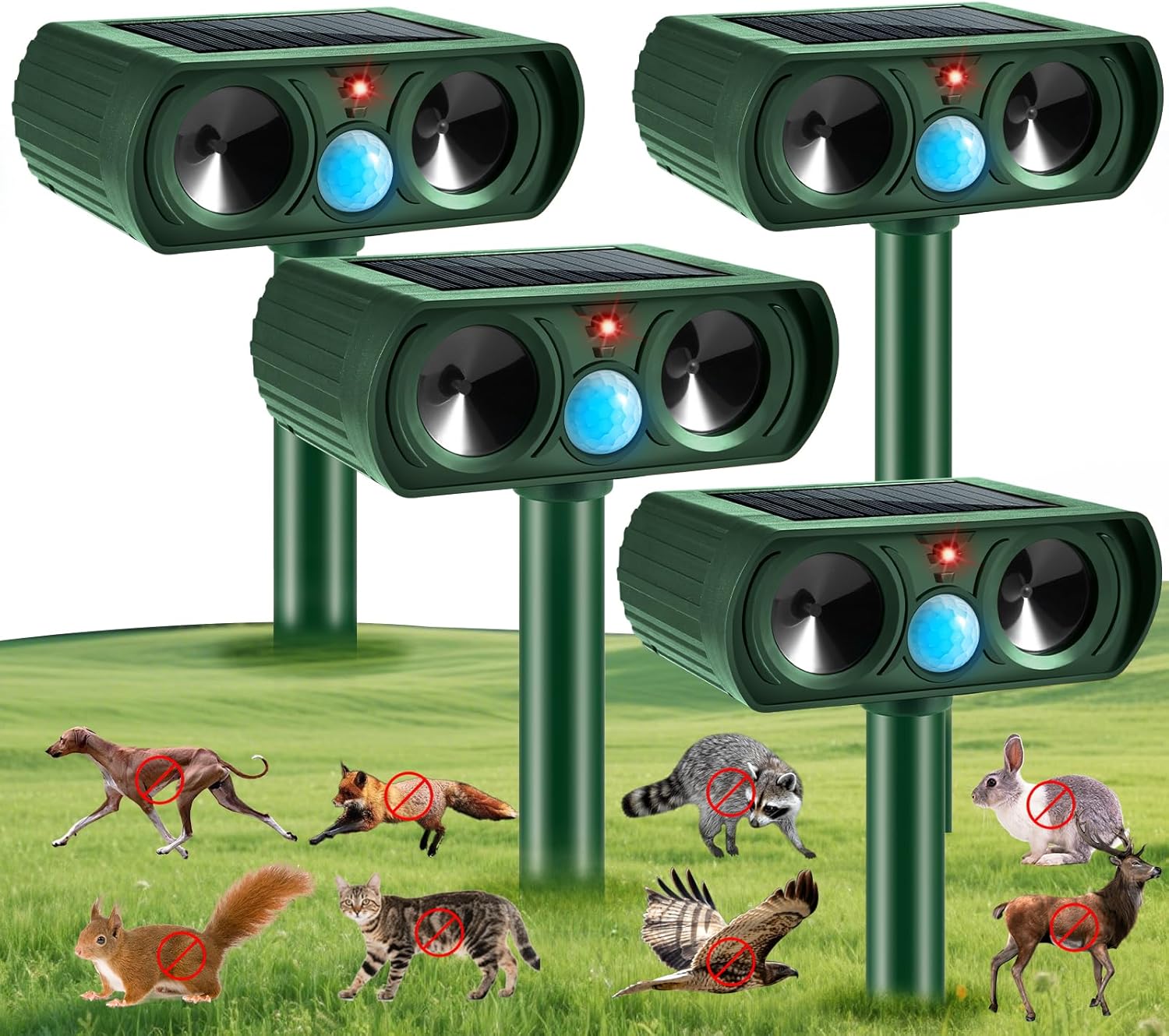 4 Pack Solar Ultrasonic Animal Repellent Outdoor,Deer Repellent Motion Detection,Waterproof Deterrent for Cat Squirrel Mouse Raccoon Dog Rabbit