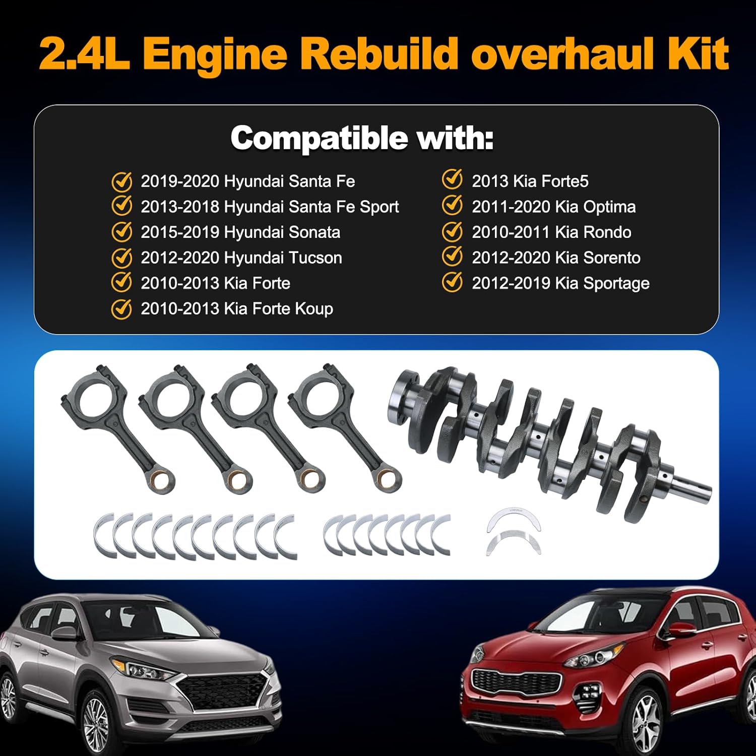 23111-2G200 Engine Rebuild Overhaul Kit w/Crankshaft & Con Rods For 2010-2020 Kia Forte Rondo Sportage Hyundai Tucson Sonata Santa 2.4L