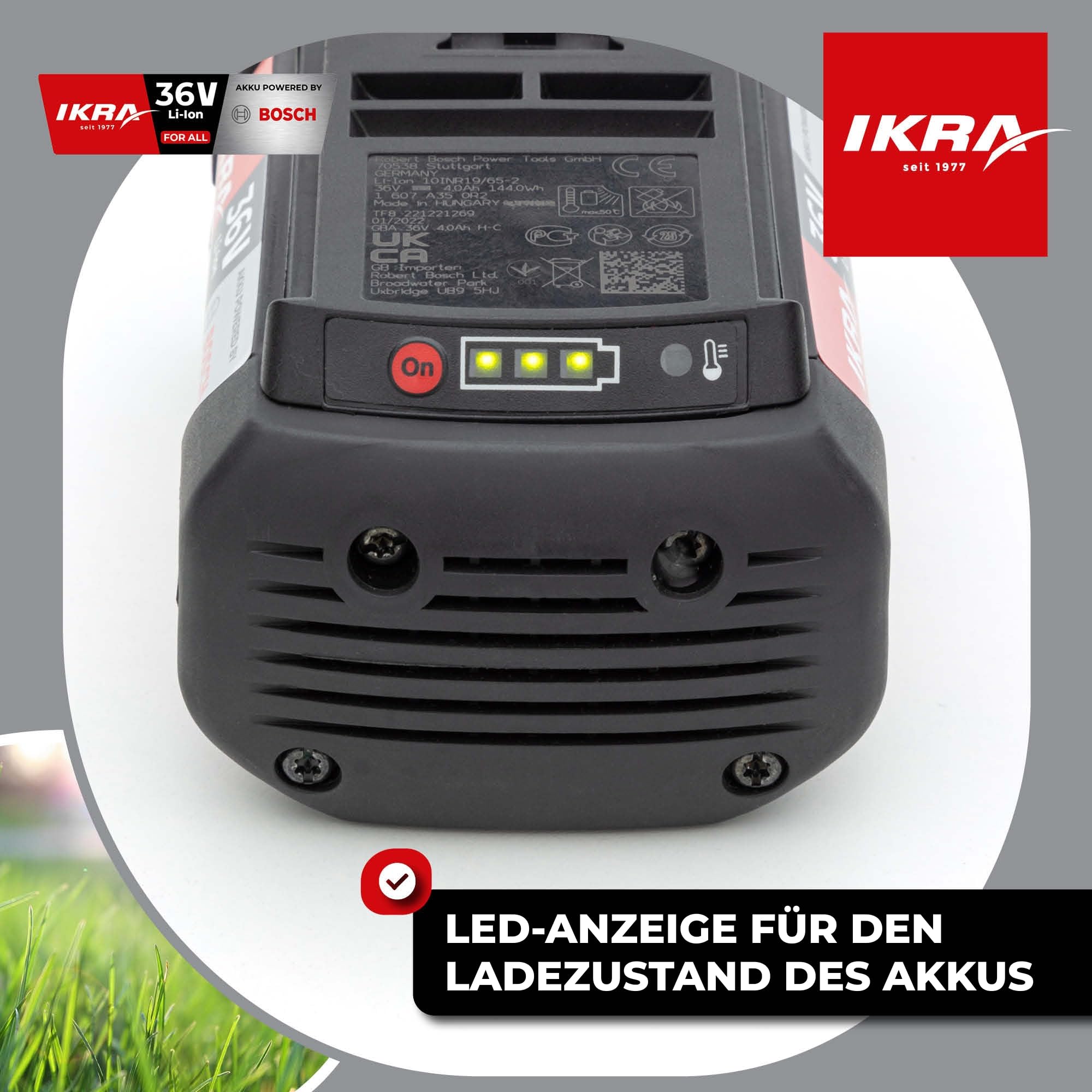 IKRA 36 Volt 4,0Ah Li-Ion Akku Ersatzakku Typ LI 28, Powered by Bosch | Made in Europe, mit Bosch COOLPACK-Technologie, LED-Anzeige, 144Wh, kompatibel mit Bosch 36V Geräten