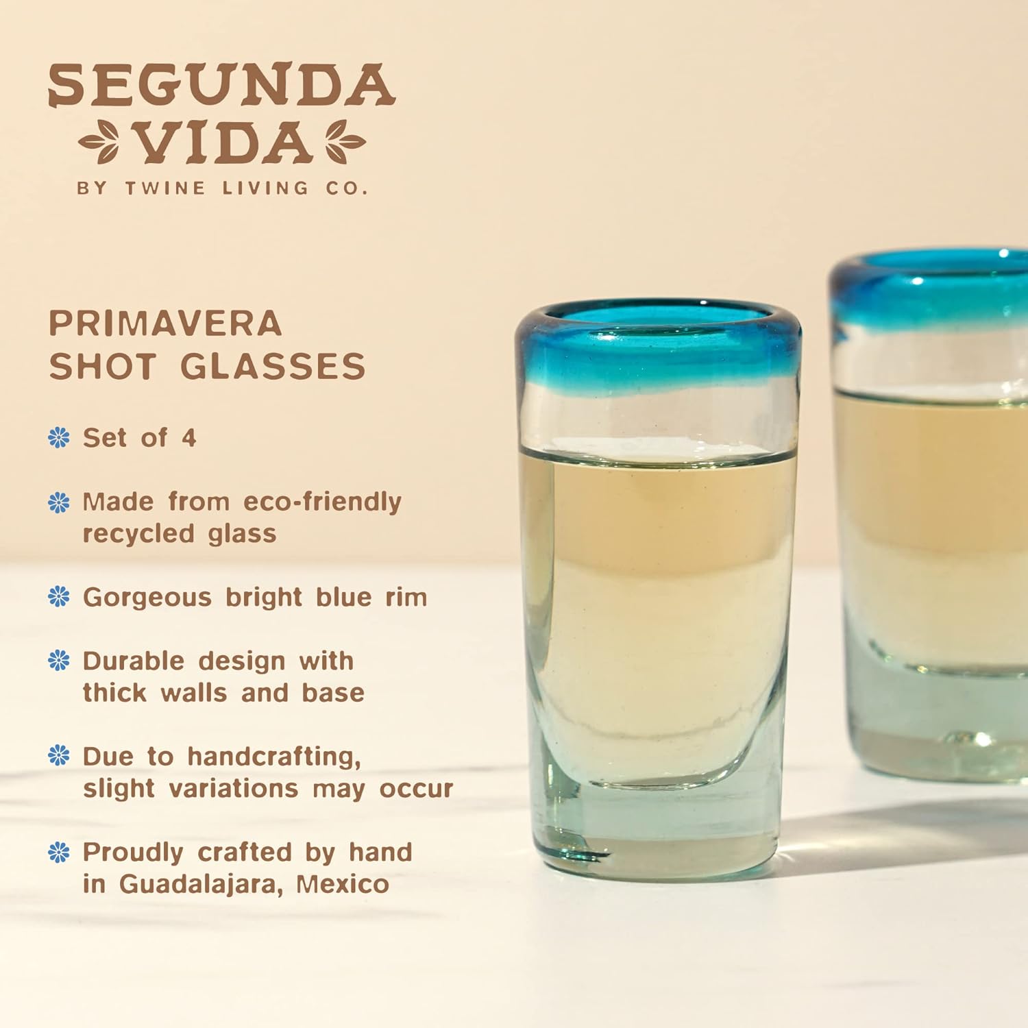 Segunda Vida Twine Primavera Colorful Shot Glasses with Blue Rims, Handmade Mexican Glass Hand Blown, 100% Recycled Glassware, 1 oz Set of 4