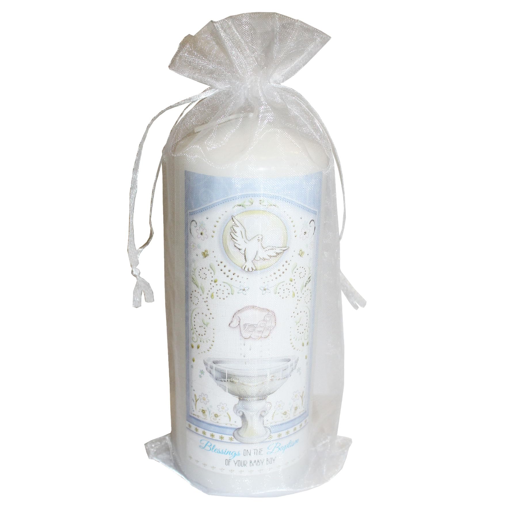 2503 Bougie pilier pour baptême de bébé garçon dans un sac en organza