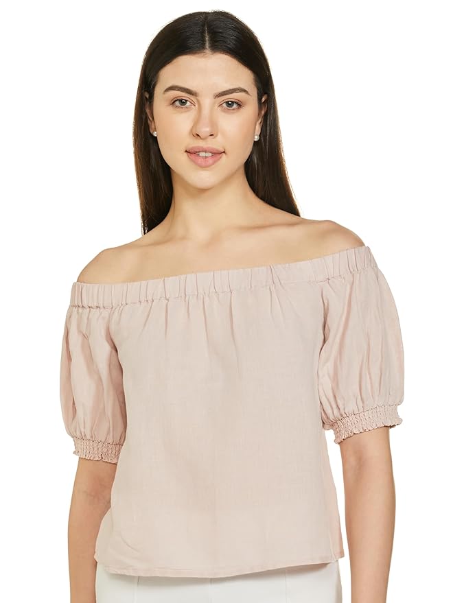 Buy Marks & Spencer Womens Solid Linen Blend Shoulder Neck Regular Fit Top at Rs. 510