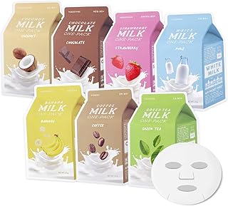 A’pieu Milk Sheet Mask (7 flavors in 1 pack) with Milk Essence to mildly exfoliate, hydrate, and brighten - Korean skincare for normal to dry skin.