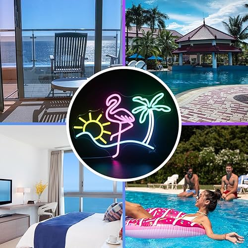 Miniatura 6 de Letreros de neón con forma de flamenco y palmera de sol para decoración de pared, divertido letrero de luz LED regulable de neón LED alimentado por
