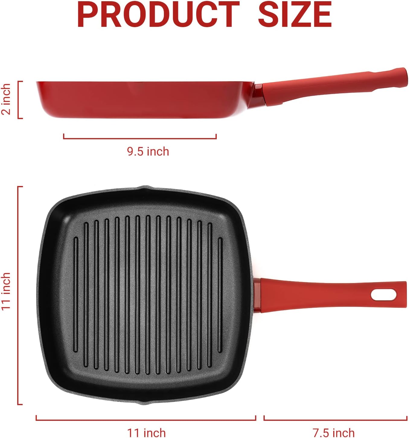 Sakuchi 11 Inch Grill Pan for Stove Tops Nonstick Induction Pan Square Steak Bacon Pan, Red: Home & Kitchen