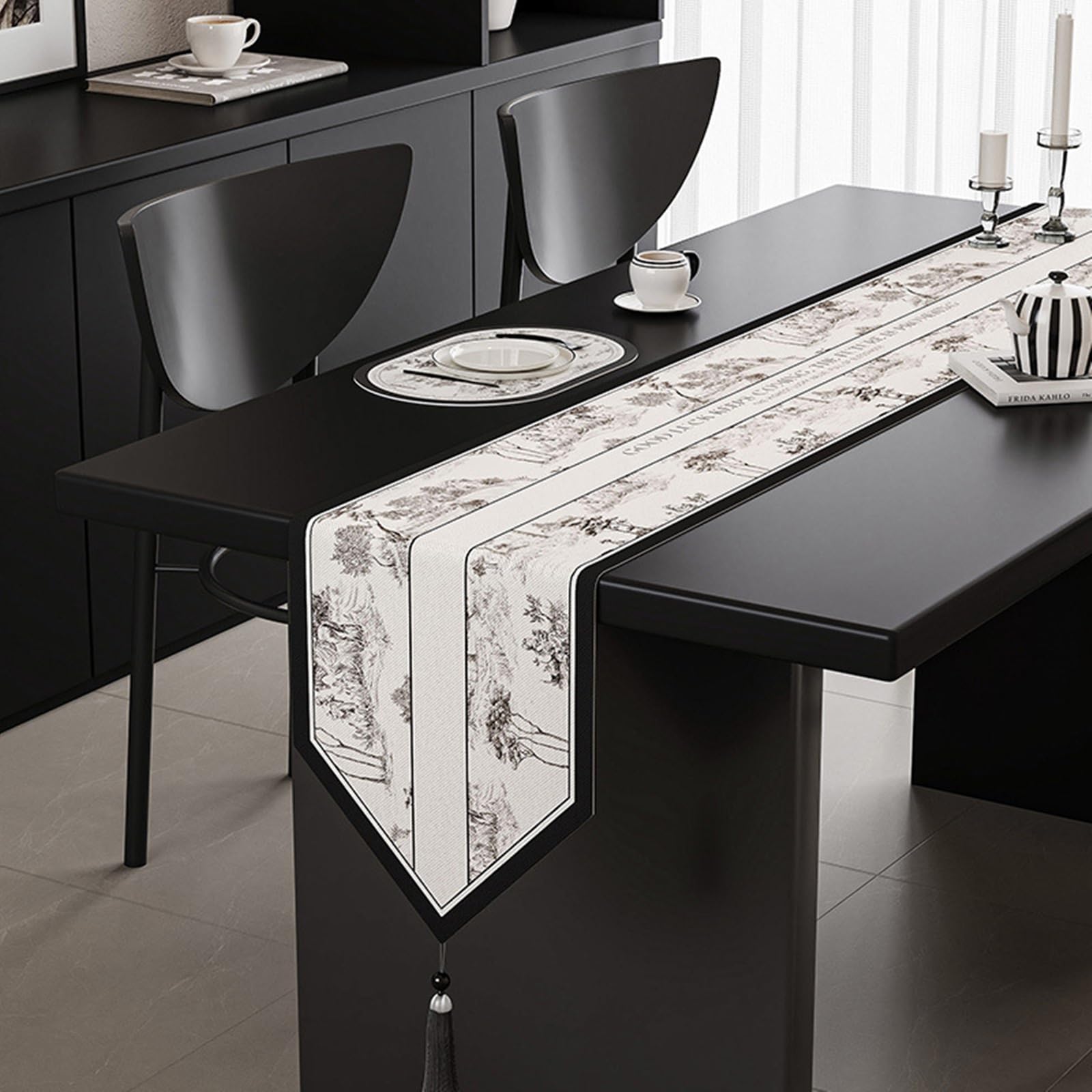 Beige Schwarz Tischläufer Leinen, Dekostoff Tischläufer Abwaschbar Tischband Baum Gestreift Muster mit Quasten Tischdecke für Küche Esszimmer Hotels Dekor, 30x240 cm, Beige Schwarz