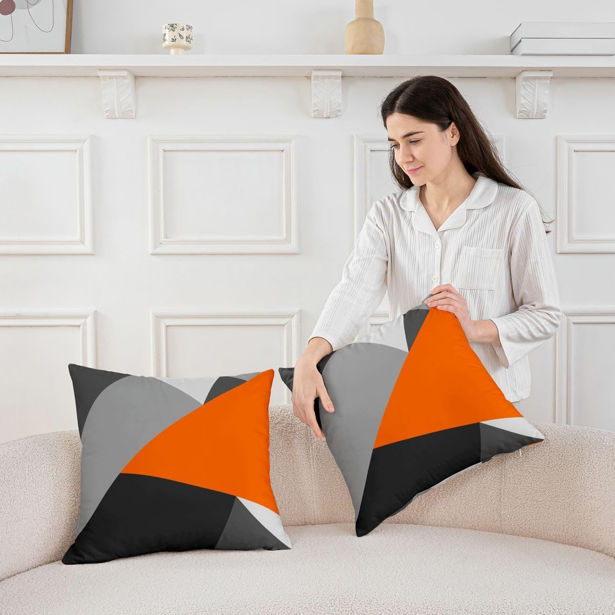 Erosebridal Set of 2 Orange and Gray Throw Pillow Covers 24x24 Patchwork Geometric Triangle Pillow Covers Orange Black Light Grey Cushion Covers for Kids Adults Modern Simple Abstract Cushion Cases