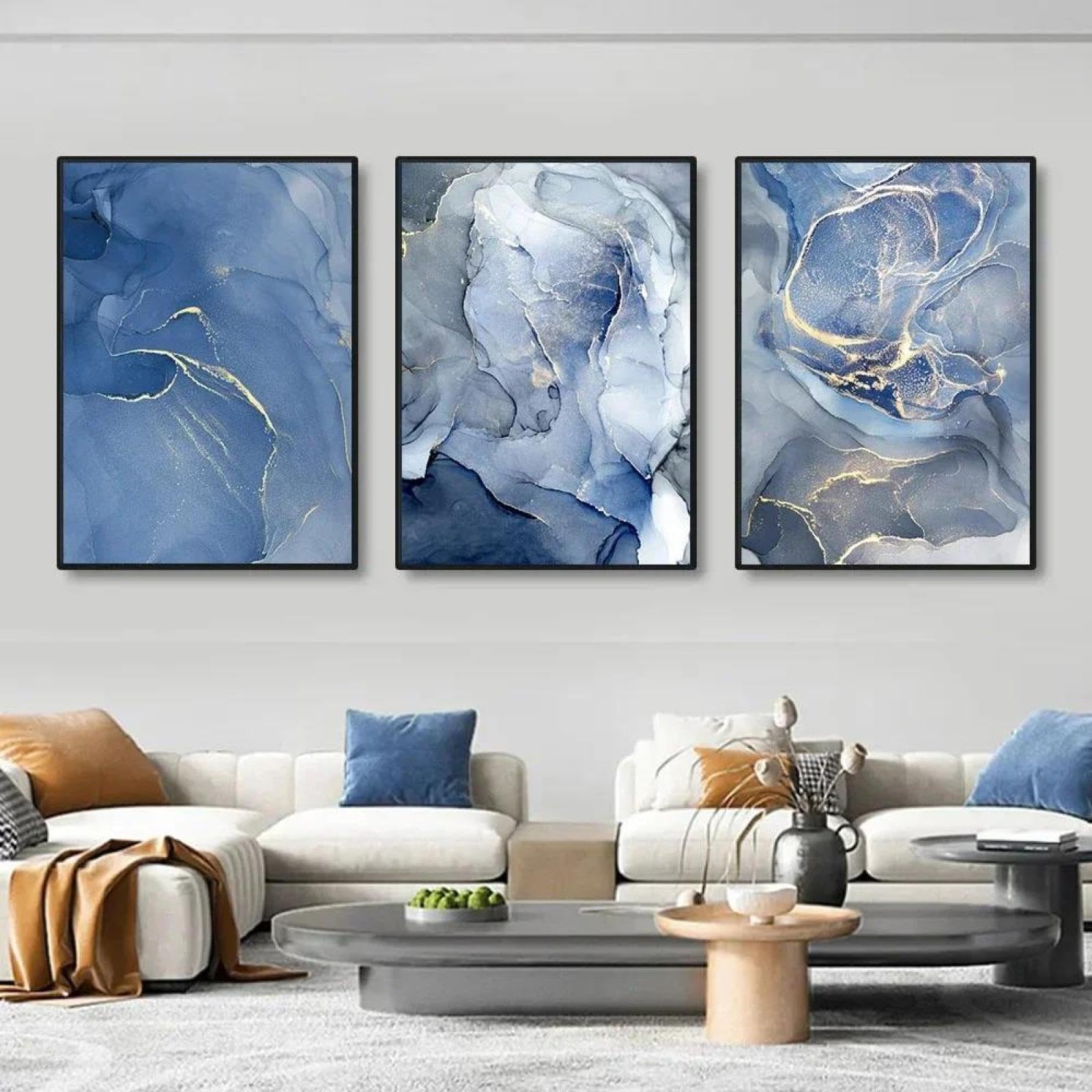 Baibexing Abstract Golden Blue Marble Wall Art Posters Prints Canvas Painting Pictures Living Room Interior Home Decor 21X30Cmx3Pcs Unframed