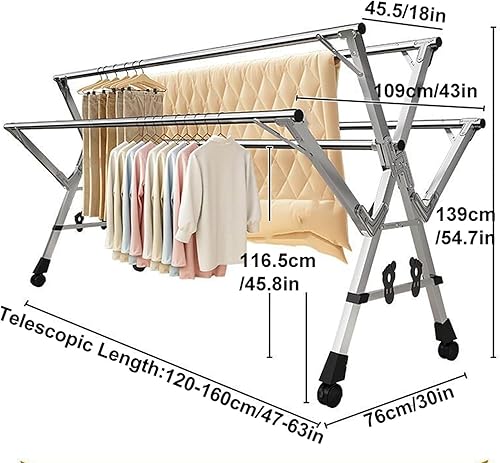 Miniatura 5 de Estante de secado de ropa de 94 pulgadas, estante retráctil de acero inoxidable con ganchos, estante de secado de ropa plegable que ahorra espacio