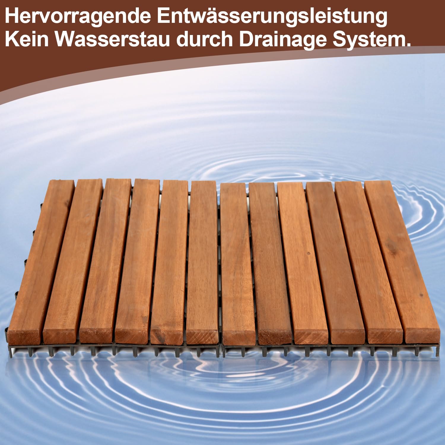 Holzfliesen, 30x30cm33 Fliesen für 3m² Terrassenfliesen Wetterfest aus Akazienholz, Bodenbelag Holzboden Klicksystem mit Drainage, 6 Latten Stil Balkonfliesen