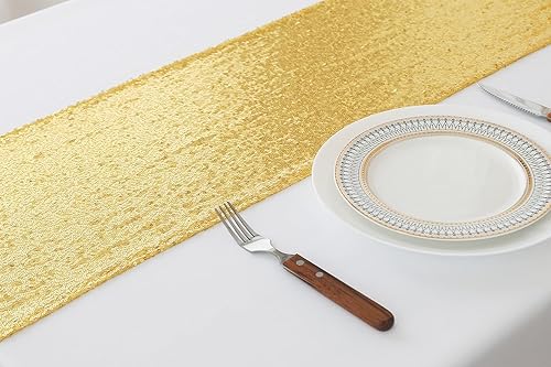 Miniatura 5 de Camino de mesa dorado  Paquete de 10 caminos de mesa de lentejuelas de 12 x 108 pulgadas de largo para bodas, fiestas, cumpleaños, reuniones,