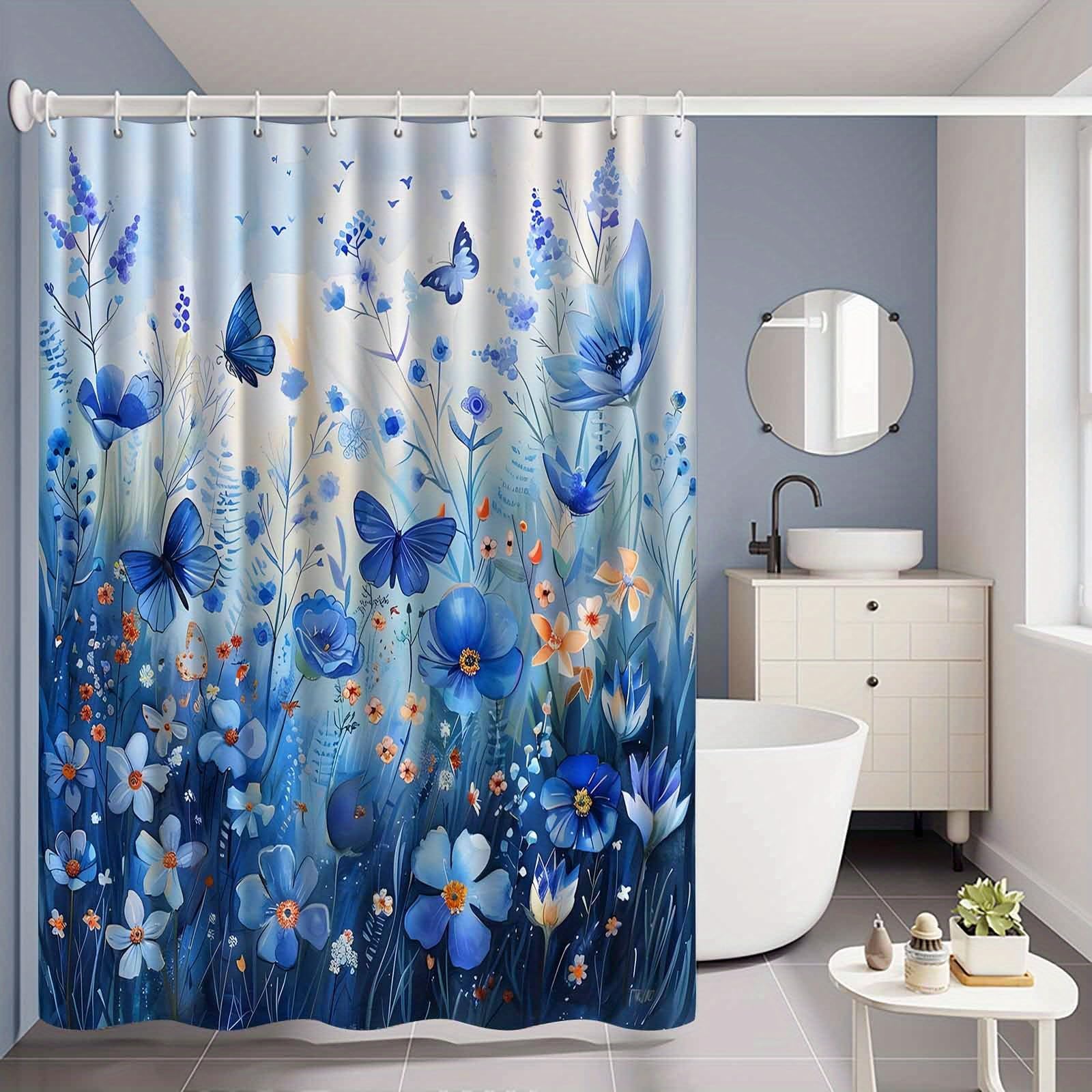 GLWDMB 1 Piece 180x180CM Watercolor Blue Floral Butterfly Pattern Printed Shower Curtain With Hook, Polyester Fabric, For Windows And Walls, Bathtub, Bathroom, Machine Washable, All Season Universal