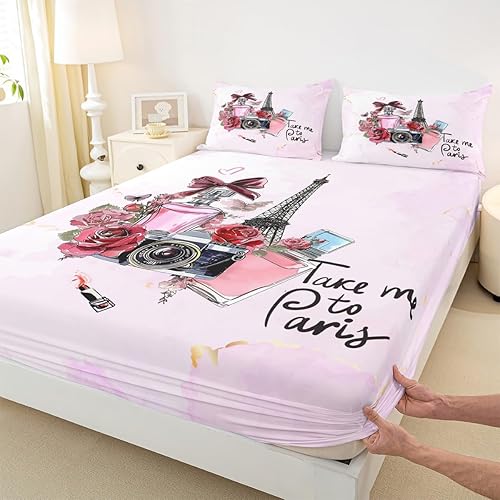 Paris - Juego de sábanas bajeras de tamaño matrimonial, 3 piezas de la Torre Eiffel, decoración de habitación para niños, niñas, mujeres,