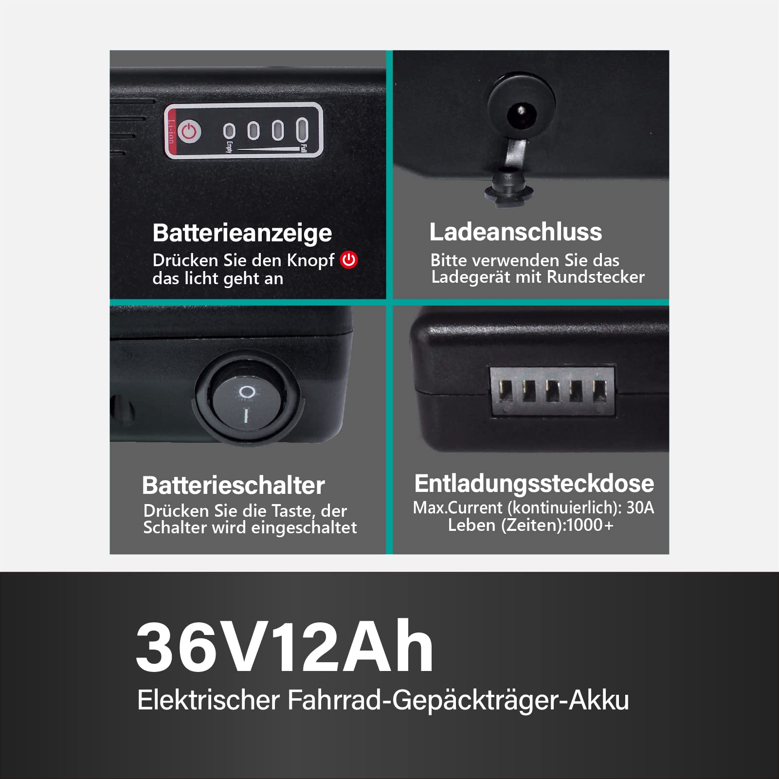 Con caricabatterie Batteria di ricambio per bicicletta elettrica da 36V12Ah batteria al litio adatta per sistema di trasmissione Bafang o Ansmann (36 V12 Ah)