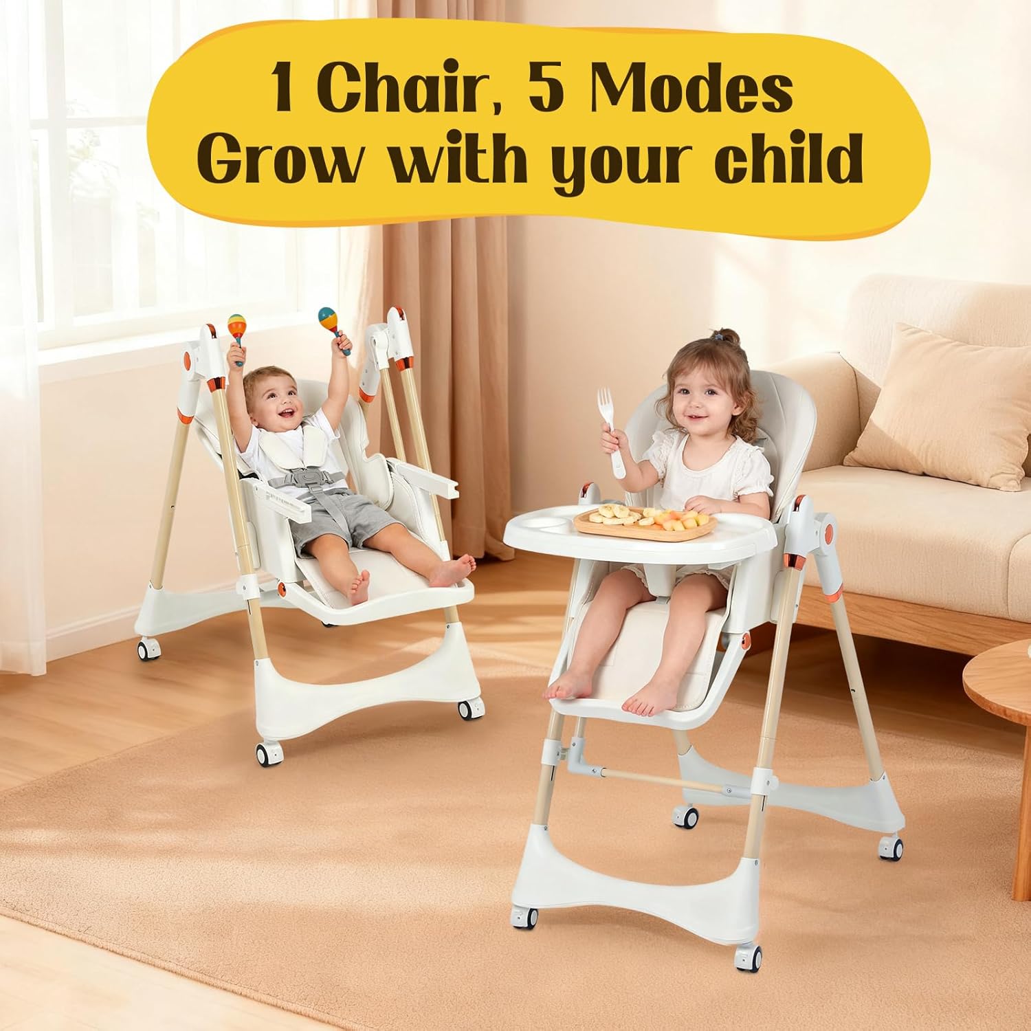 6-in-1 convertible high chair with rocker | baby high chair for newborn to toddler (0-3 years) | adjustable, foldable & easy-clean with dishwasher safe tray & tool-free assembly,white (white)