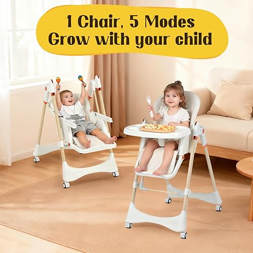 Miniatura 7 de Silla alta plegable para niños pequeños y bebés  Ajuste de altura de 5 niveles, montaje sin herramientas  Funda de asiento lavable a máquina y