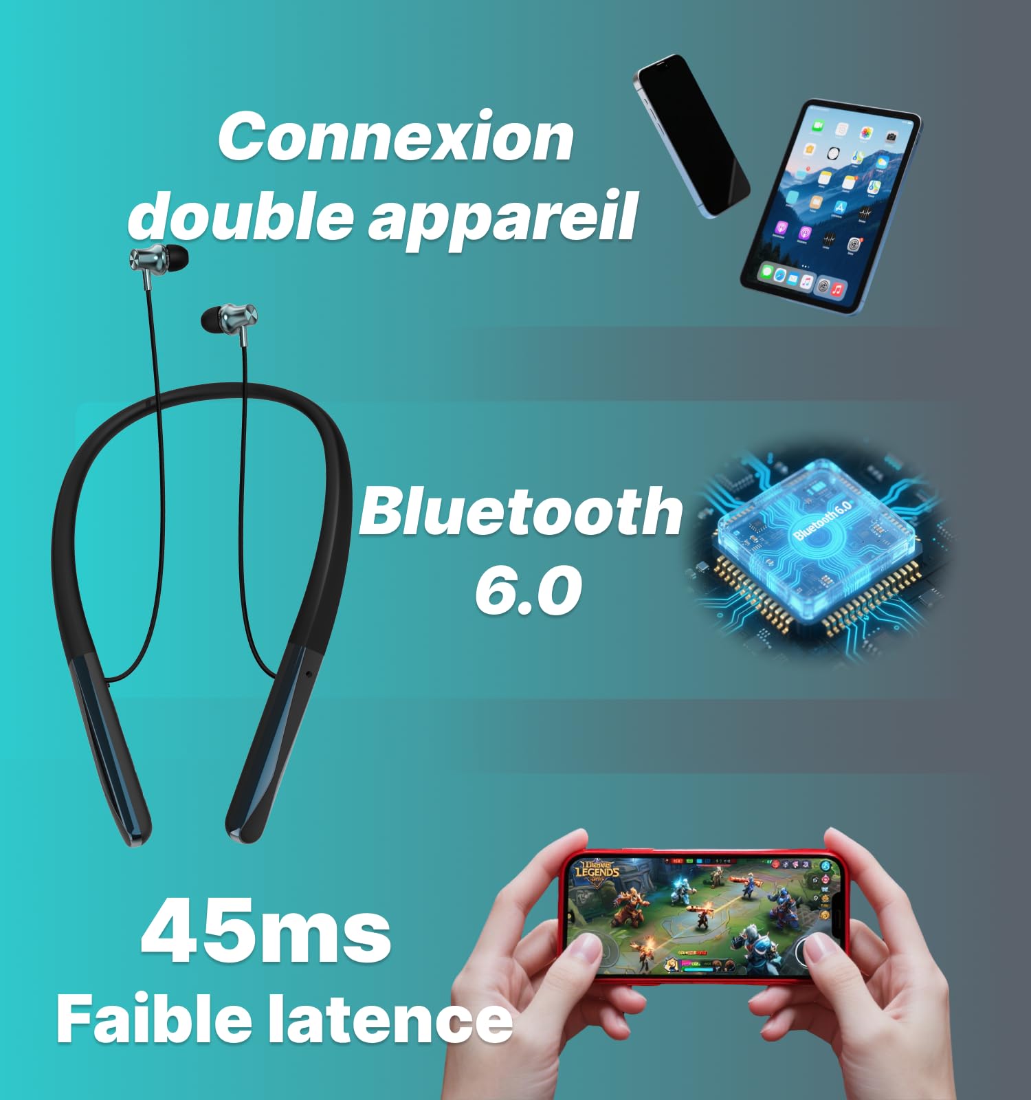 Hmusic H08 Casque Tour de Cou Bluetooth 6.0 sans Fil | Retour audio en temps réel, 35H Autonomie, IPX5 étanche, Affichage Numérique LED, Écouteurs magnétiques