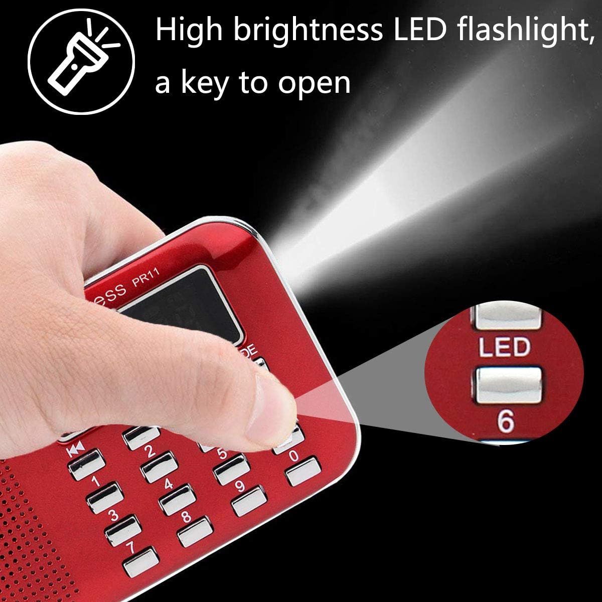 Hand pressing the LED button to activate the high-brightness flashlight on the Retekess PR11 radio
