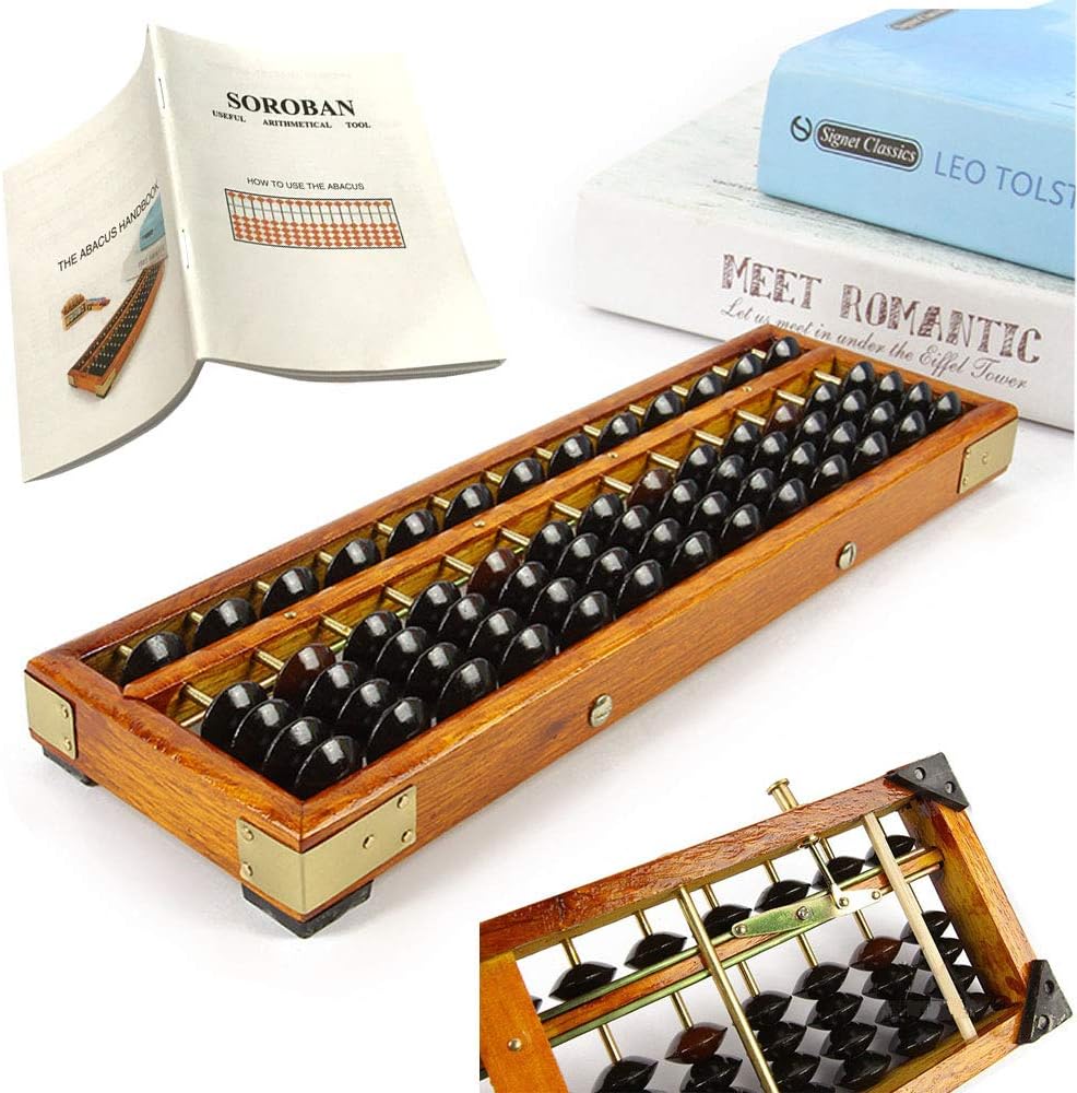 Vintage Style Wooden Abacus Soroban 13 Column(10.7 in) Math Professional Abacus for Adults Kids with Guide Handbook and Reset Button, Anti-Skid Rubber Feet
