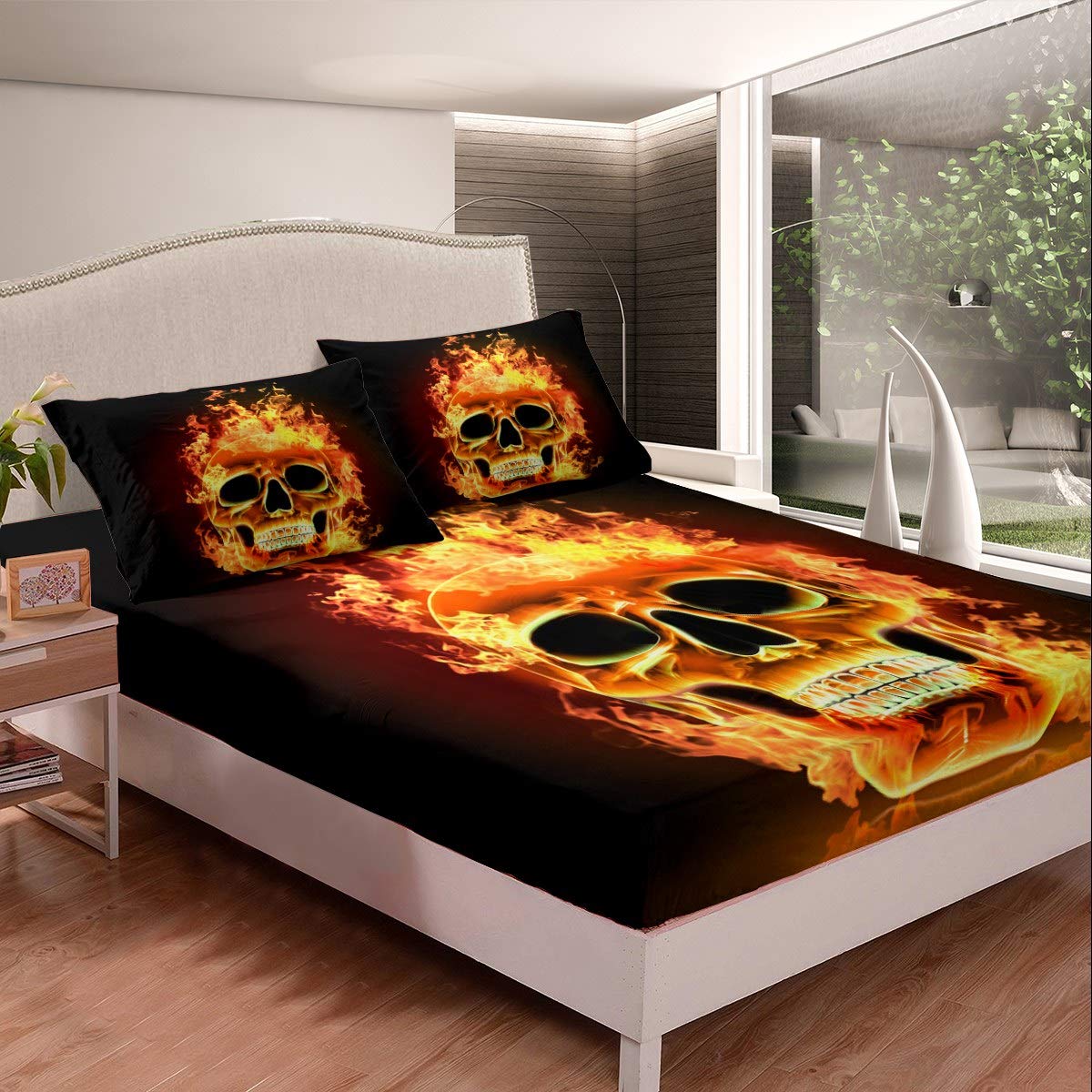 Loussiesd SmoQueen Set di lenzuola con angoli teschio della morte e scheletro, set di biancheria da letto con stampa di ossa gotiche, set di biancheria da letto, 3 pezzi per letto