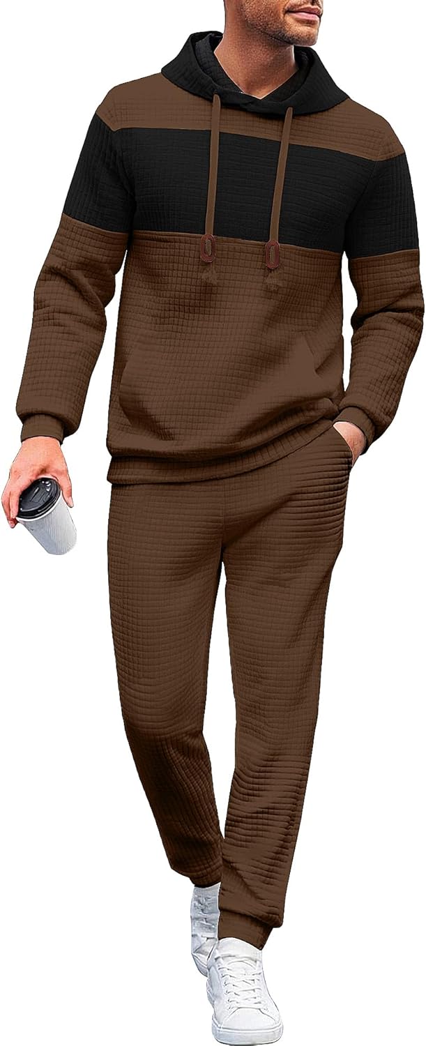UOUA Mens Tracksuit 2 Piece Hoodie & Sweatpants Set Waffle Jacquard Sweatsuit Outfits Casual Jogging Suits