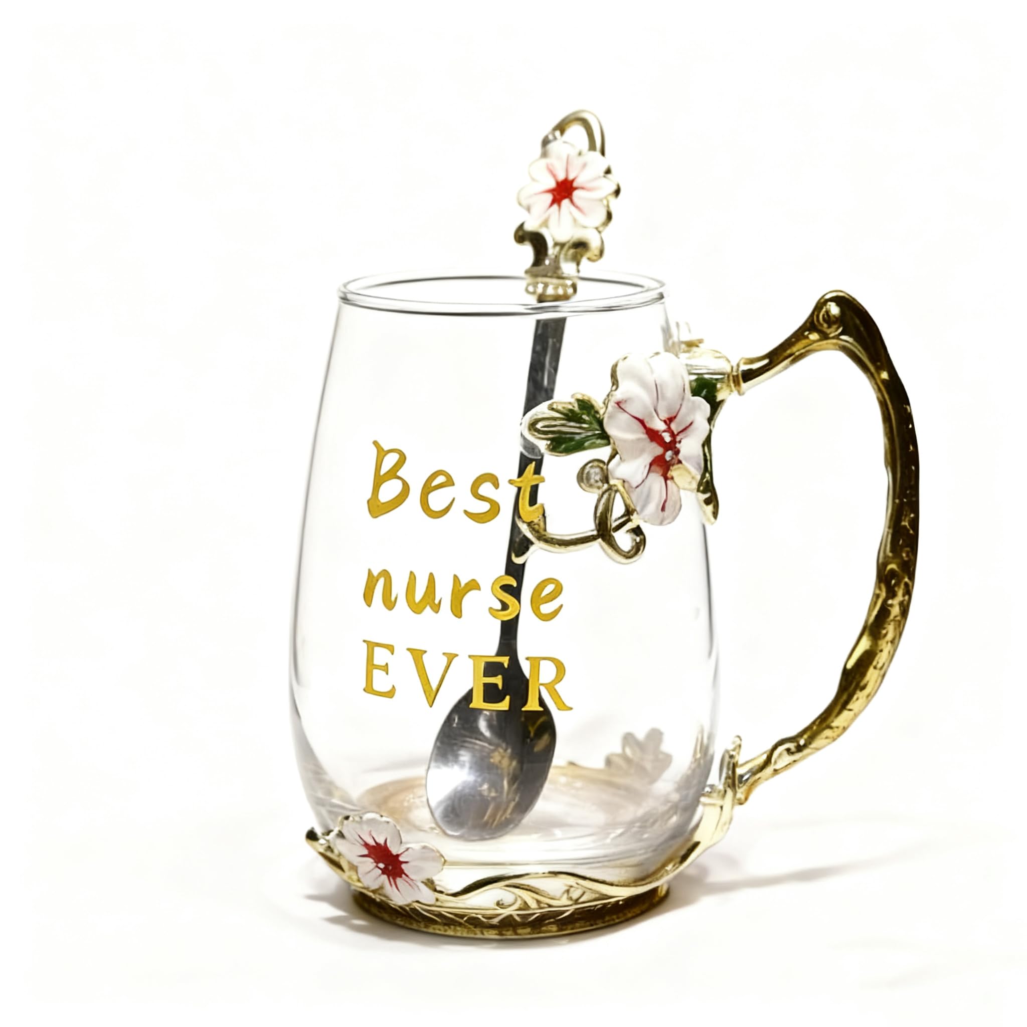 National Nurses Day Flower Glass Cup with Unique Flower Printing and Spoon - Ideal Nurse Christmas Gift (Nurse)