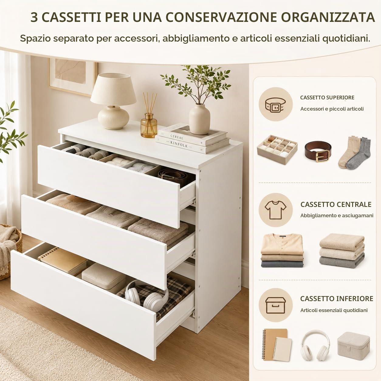 Comò con 3 cassetti, credenza, tavolino, comodino, moderno, stretto, in legno MDF bianco, per camera da letto, soggiorno, cameretta dei bambini, corridoio, bagno e ufficio, 70 x 40 x 75 cm