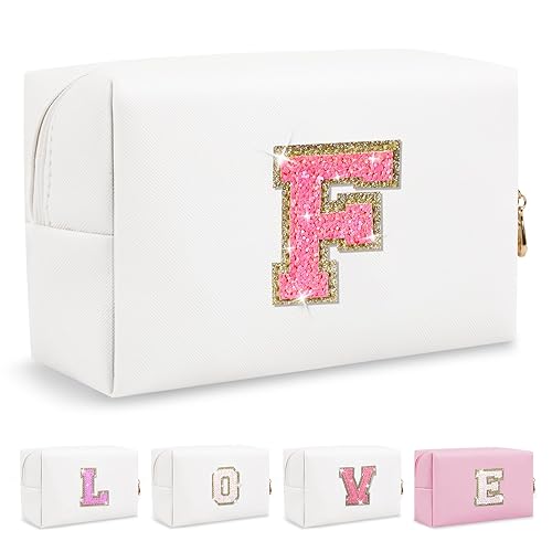 Miniatura 426 de Bolsa de maquillaje personalizada con inicial A-Z Preppy Patch, pequeña bolsa de cosméticos de PU con letra de chenilla y cierre para niñas Negro