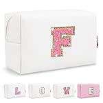 Small Personalized Initial A-Z Patch Makeup Bag,White Cute PU Leather Glitter Letter Cosmetic Bag for Teen Girls,Travel Toiletry Bag with Zipper,Preppy Monogrammed Birthday Gift for Daughter Niece F