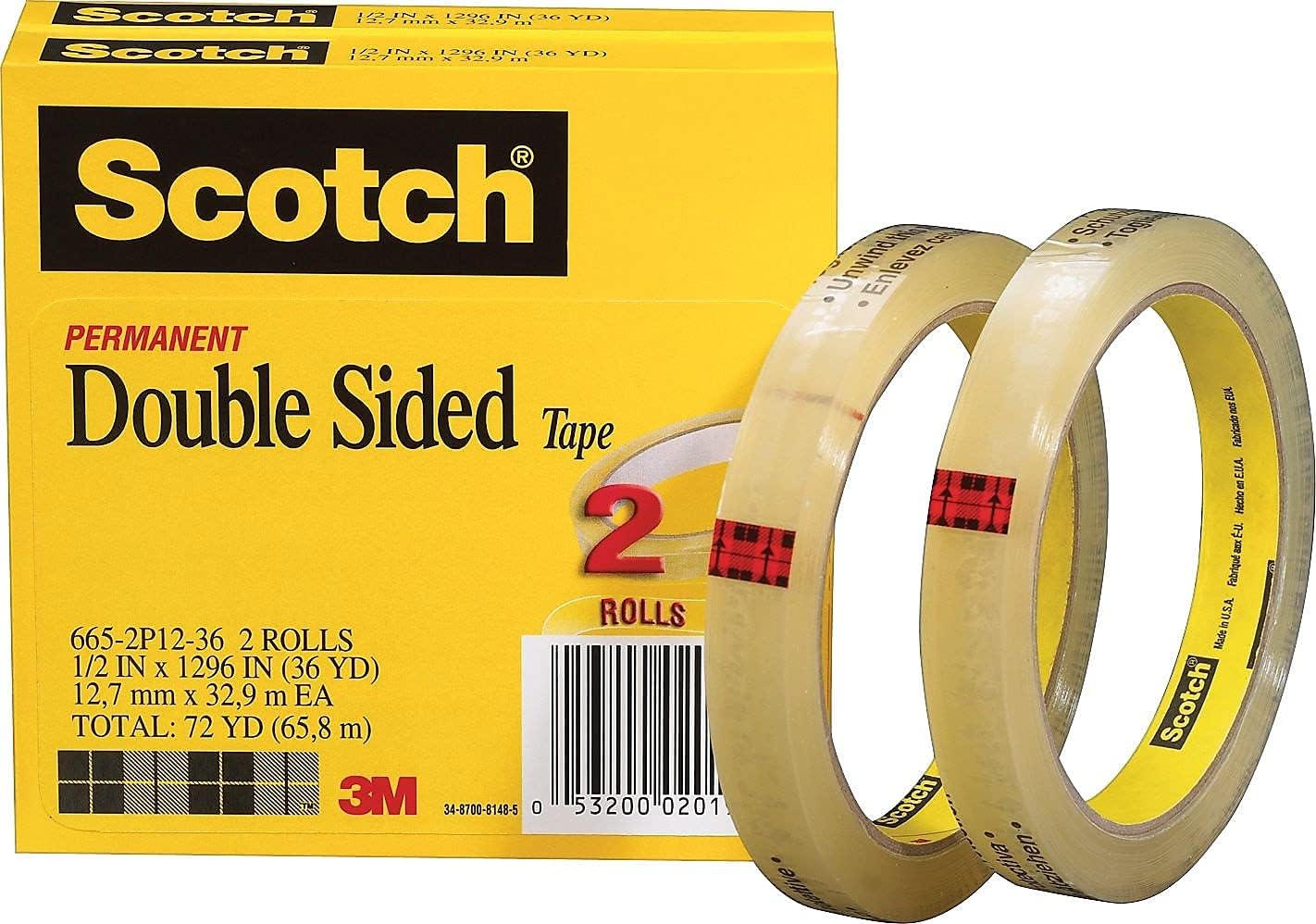 665 Double-Sided Tape.5 X 1296, 3" core, Transparent, 2 Rls