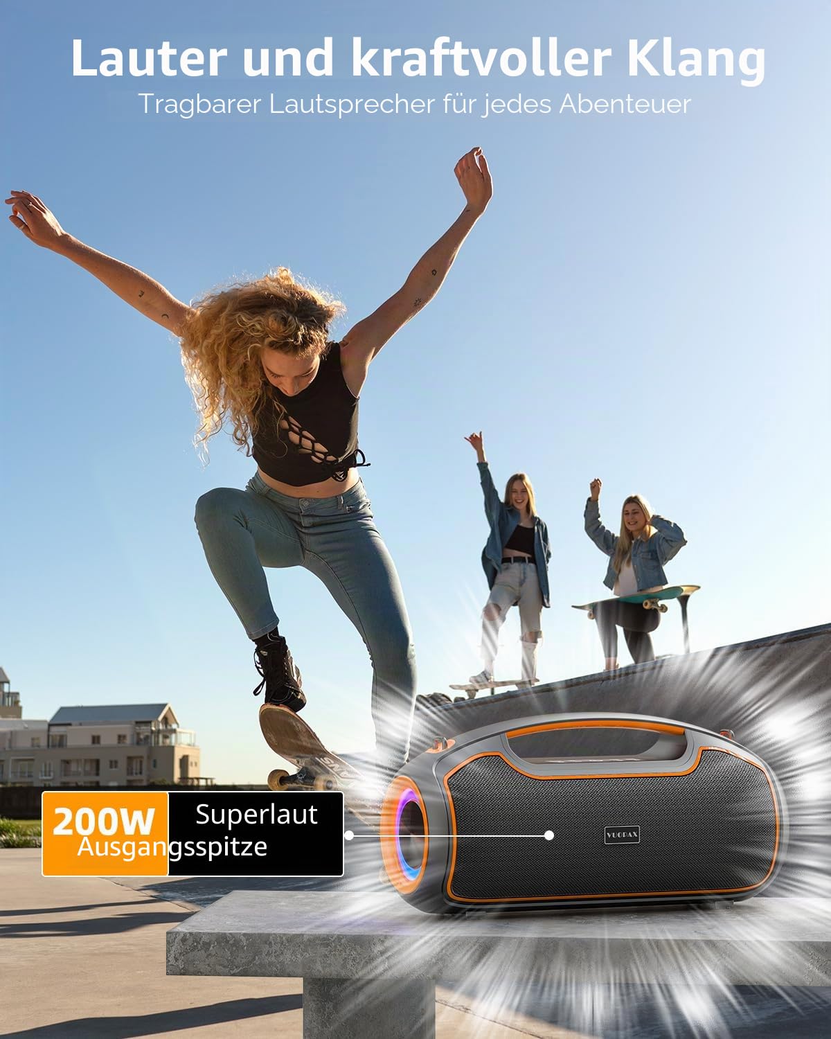 Bluetooth Lautsprecher 200 W max, Tragbare Musikbox Bluetooth 5.4 mit 2 Subwoofern & 2 Hochtönern,Bass Boost,24h Akku,TWS,IP65 wasserfest Outdoor Lautsprecher für Party, Baustelle,Camping,Zuhause