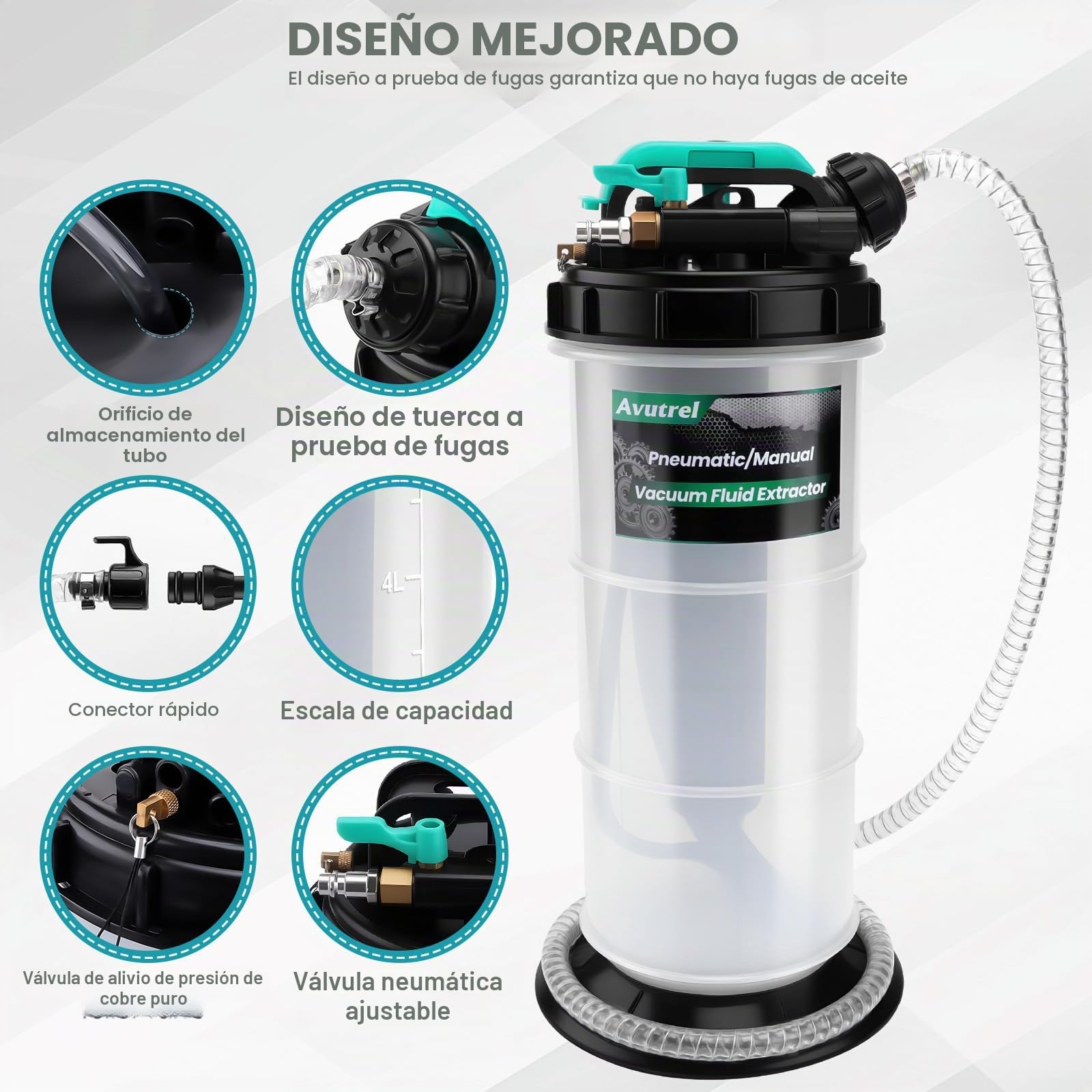 5,3L Manual y Neumática Bomba Succión de Aceite | Bomba Extractora de Fluidos Líquido de Transmisión con 6 Mangueras y Válvula de Seguridad, Bomba de Cambio de Aceite de Motor