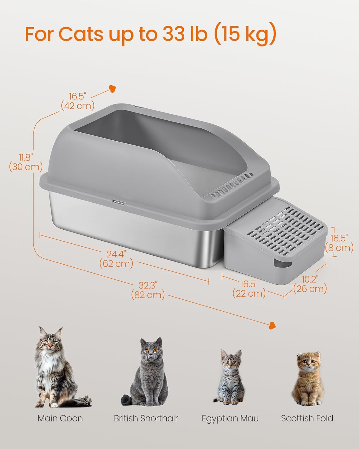 Feandrea Stainless Steel Cat Litter Box with Open Top, High Sided Litter Tray with Step, Scoop, Brush, for Cats up to 33 lb, Slate Gray UPPT008GN01