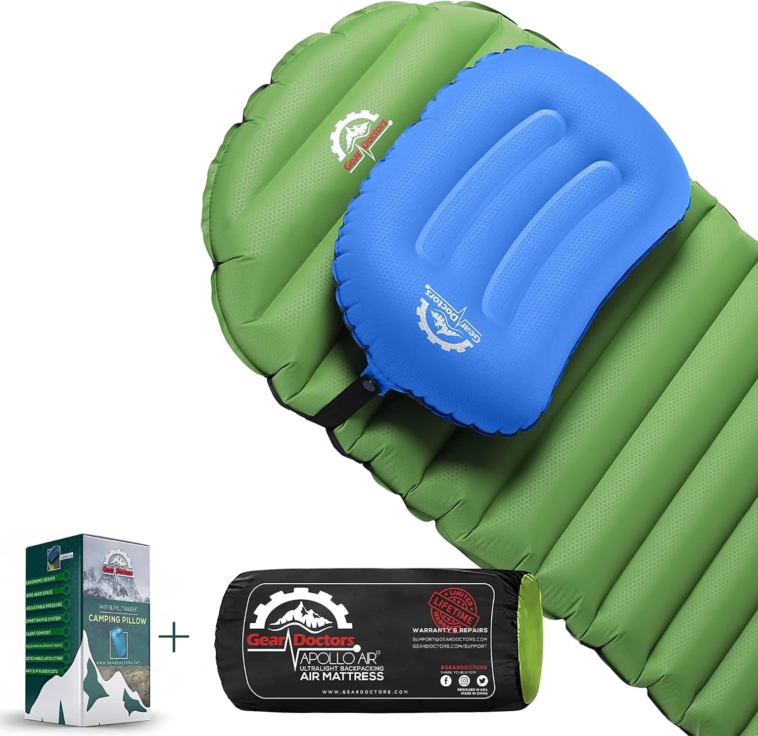 Gear Doctors Ultralight 17oz Apollo-Air Sleeping pad   Blue Anti Slip Camping Pillow Duo, 5.2 R-Value 4 Season Air Mattress with Ergonomic Ultralight Pillow The Size of A Soda Can