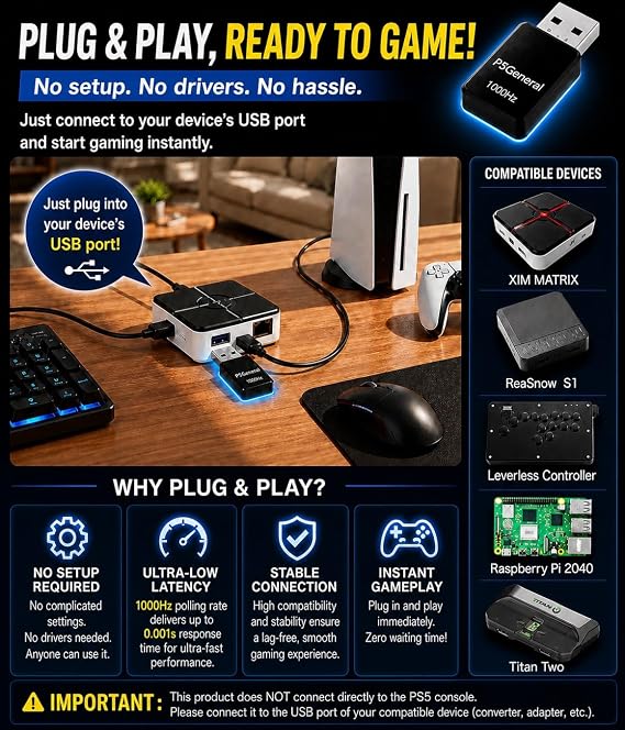 Besavior P5General Converter USB Adapter Emulator for PS5 Game - Compatible with XIM Matrix, REASNOW Converter and Various Arcade Controller to Play All PS5 Games 1000Hz Ultra-Low Lag