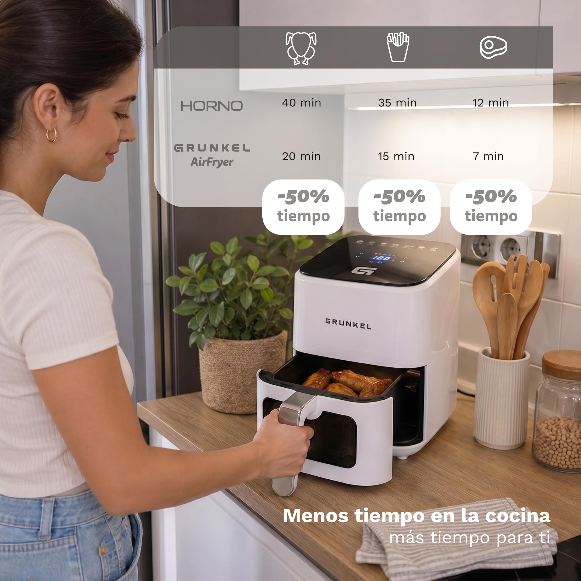 Grunkel - Freidora aire - Air Fryer - 4 Litros y 7 programas. WEF. Panel de control digital Multifunción y ventanal visualización retroiluminada. Temporizador 60 minutos - Freidora sin aceite (Blanco)