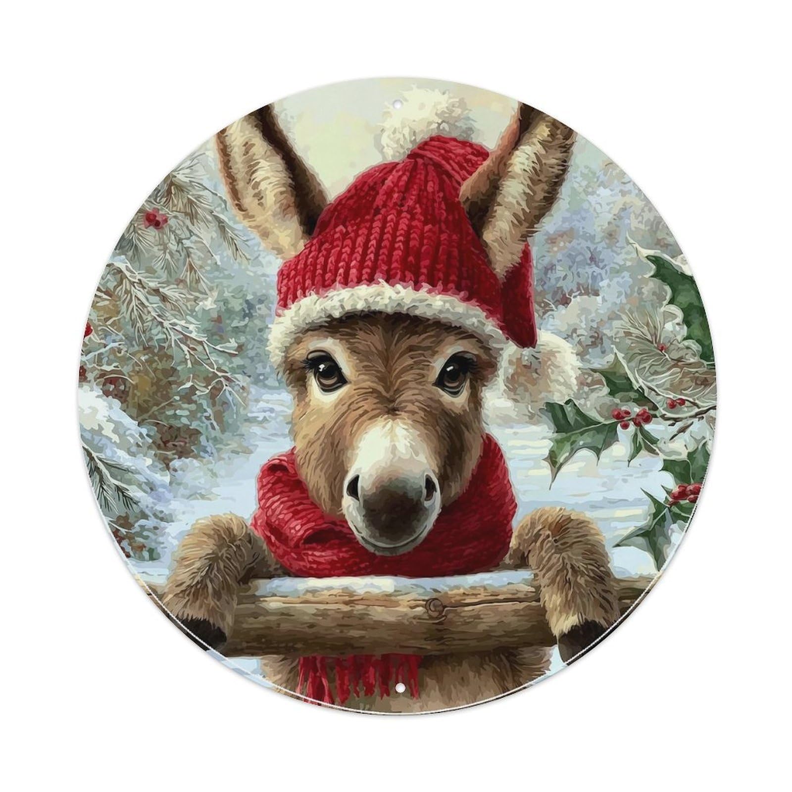 Christmas Donkey Winter Scene Round Tin Sign Retro Metal Sign for Cafe Bar Pub Home Game Room Gym Club Wall Decoration Vintage Metal Poster 8x8 Inch