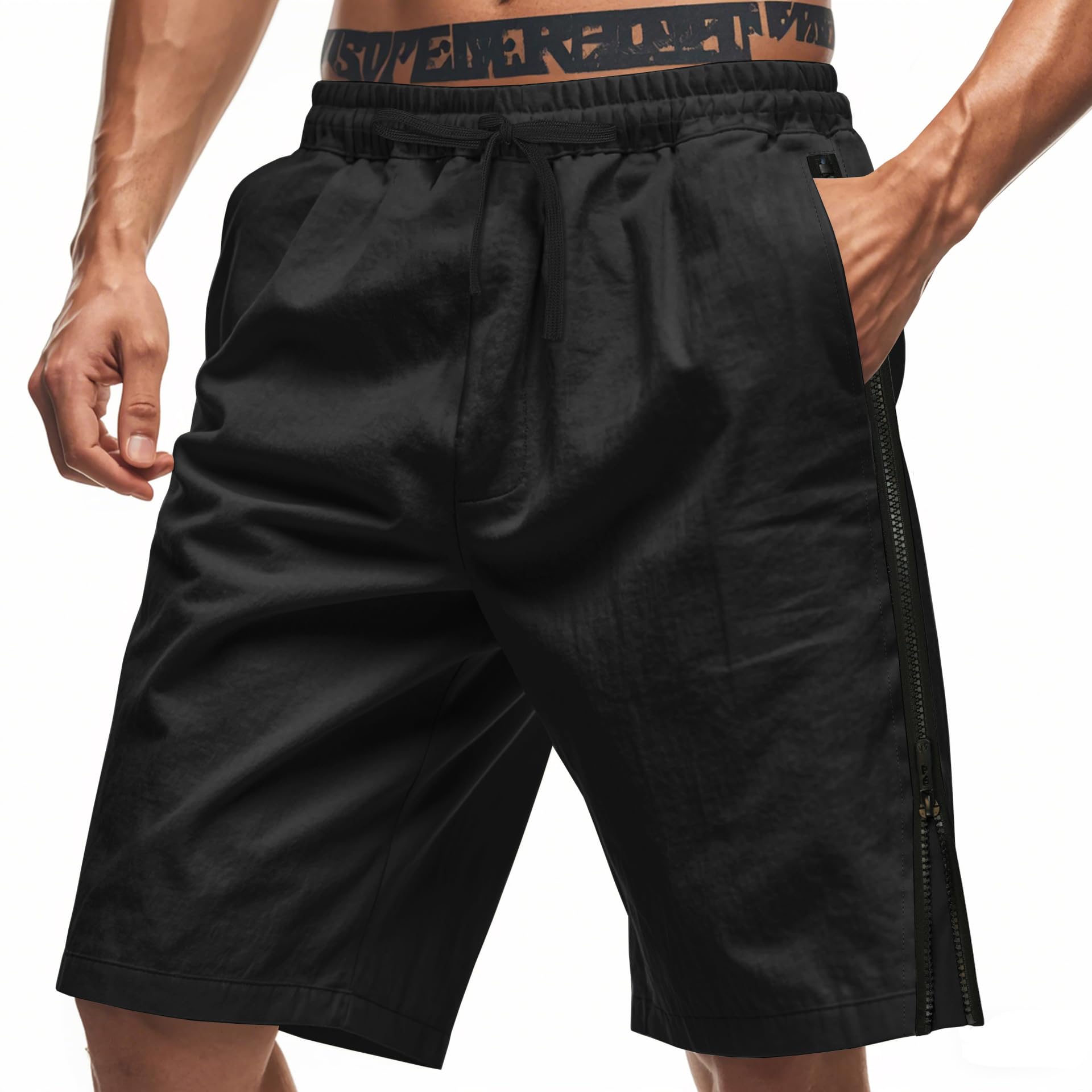 Mens Summer Zipper Bermuda Shorts Solid Color Elastic Waist Drawstring Pants Trend Hawaii Beach Pants with Pocket