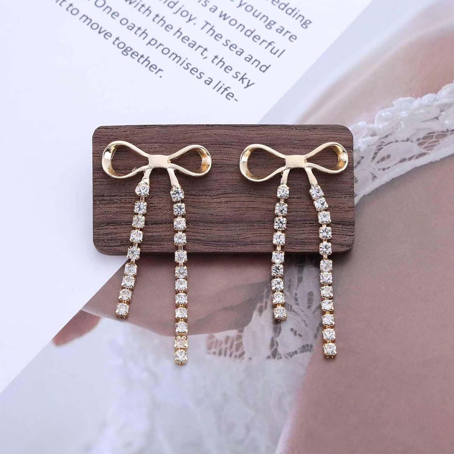 Andelaisi Boho Tassel Bow Earrings Rhinestone Chain Tassel Earrings Shine Crystal Chain Drop Earring Sparkly Chandelier Statement Earring for Women - Image 4