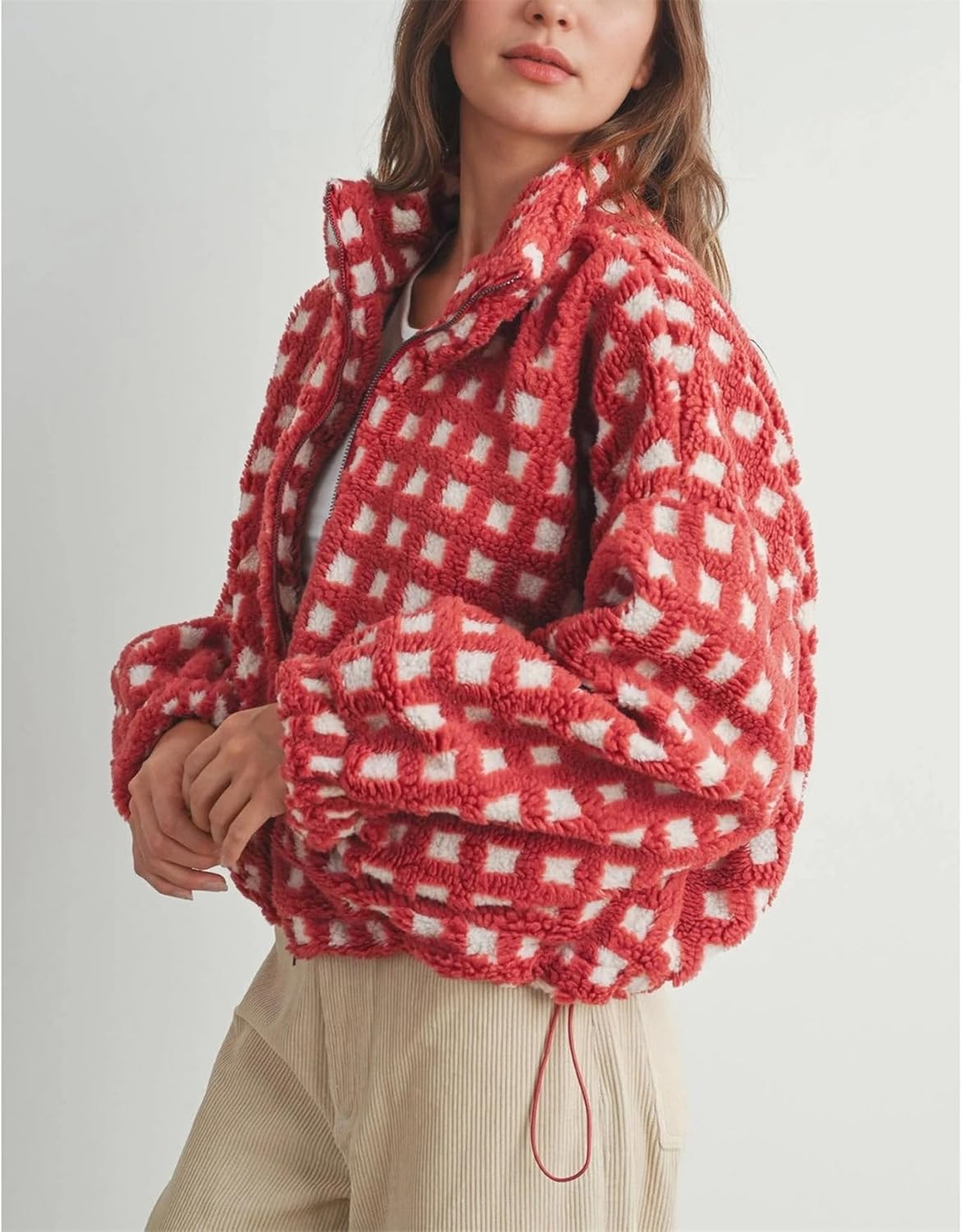 Womens Checkered Sherpa Jacket Cropped Long Sleeve Plaid Fleece Coats Casual Zip Up Gingham Outwear with Pockets - Image 5