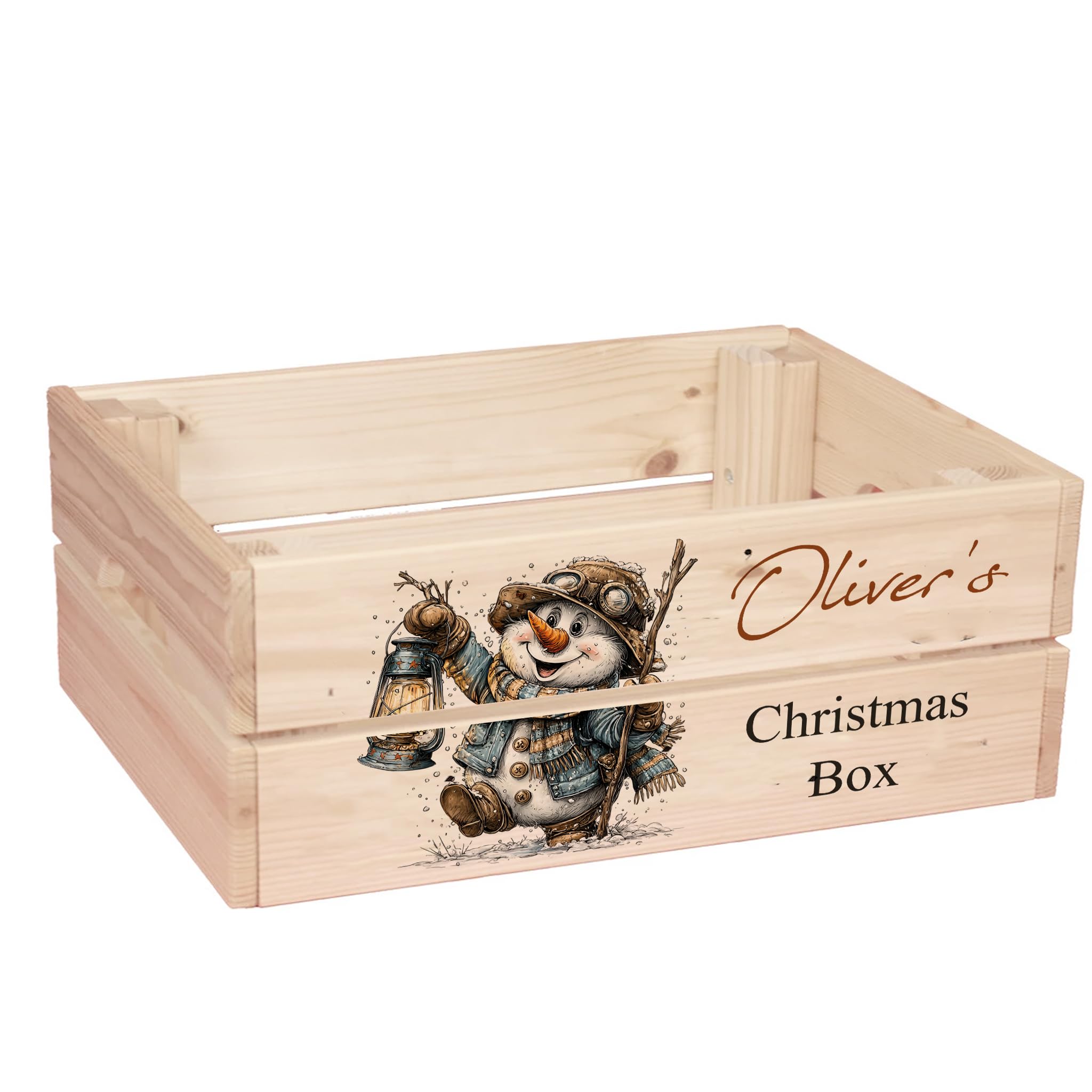 ukgiftstoreonline Personalised Christmas Eve Box with Santa, Trees, Reindeer, Snowman Designs, Wooden Storage Crate, 30.5 x 25 x 12 cm, Holiday Presentation Box with Side Handles (Snowman-3)