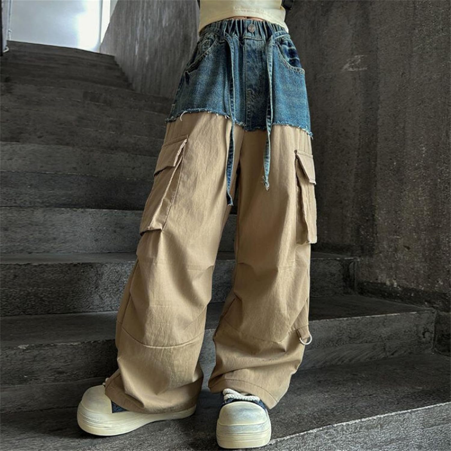 Girls Baggy Cargo Jeans Spring Y2k Wide Leg Elastic Waist Denim Pants Trendy Streetwear Overalls Trousers with Pockets