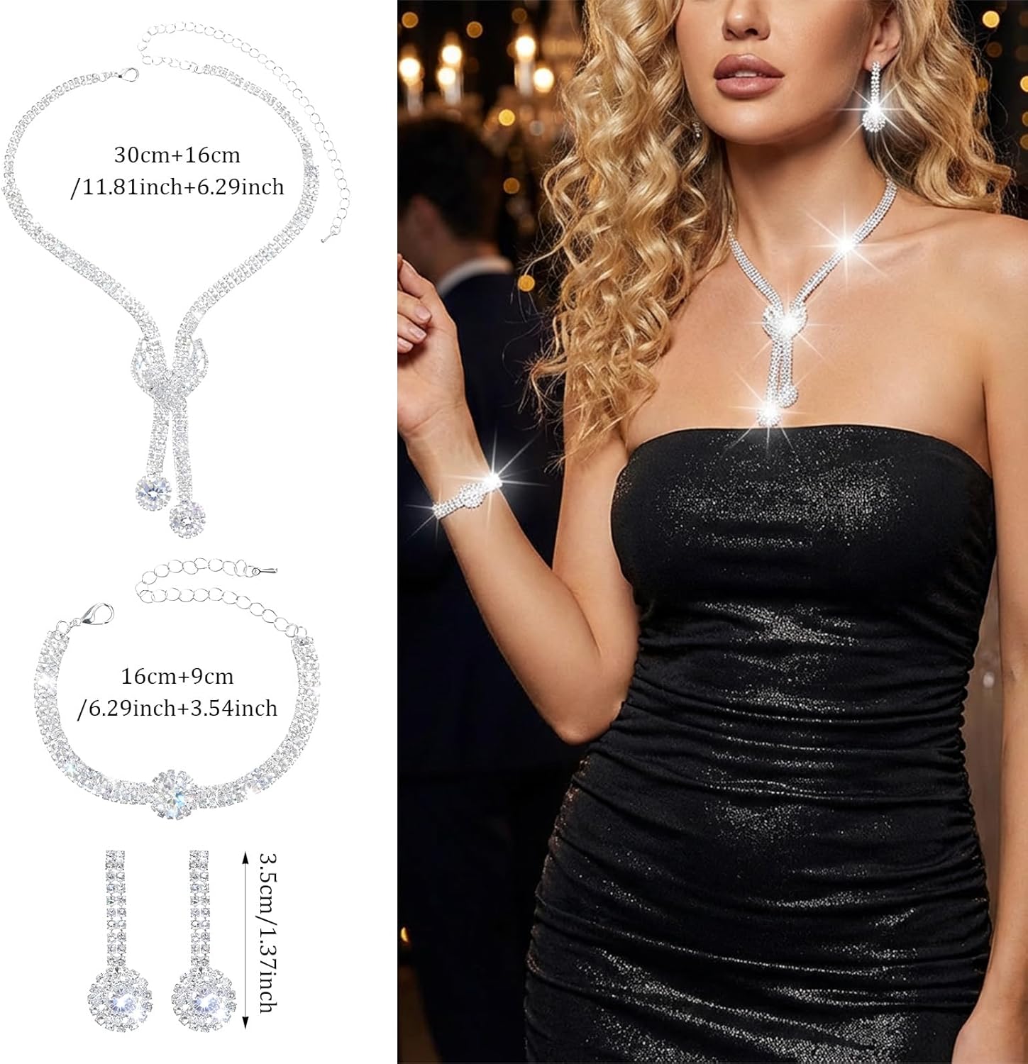 Silver Rhinestone Jewelry Set for Women - Rhinestone Necklace Crystal Dangle Earrings Bracelet Set, Bling Wedding Formal Costume Jewelry Sets for Women and Brides - Image 2