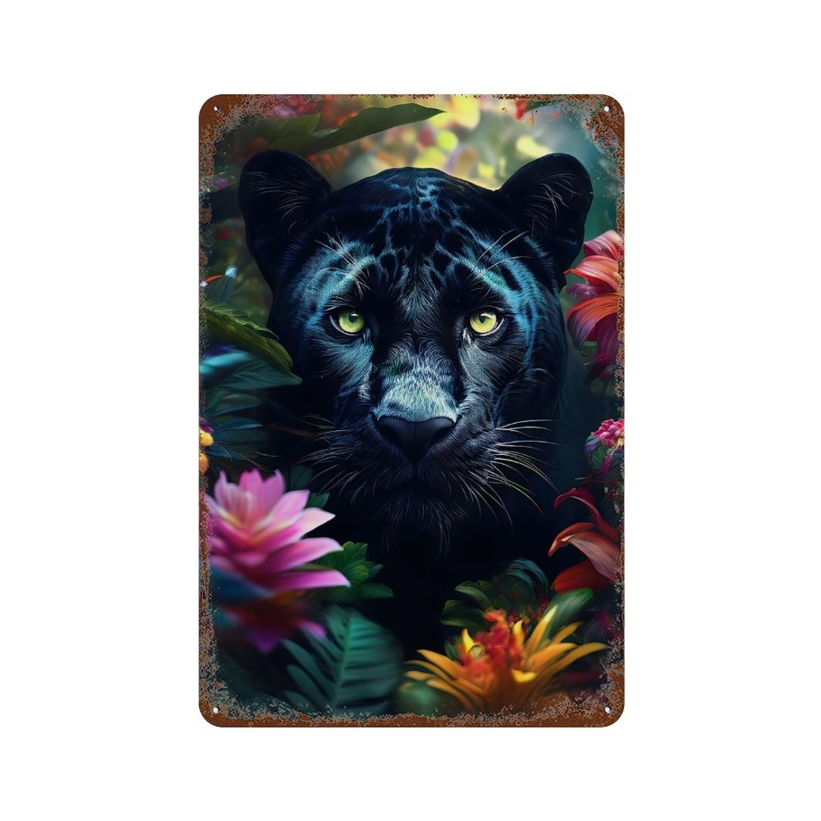 Black Panther in Bloom Vintage Rust Metal Sign 11.8"x7.9", Shabby Chic Decor for Garage, Pub Or Kitchen