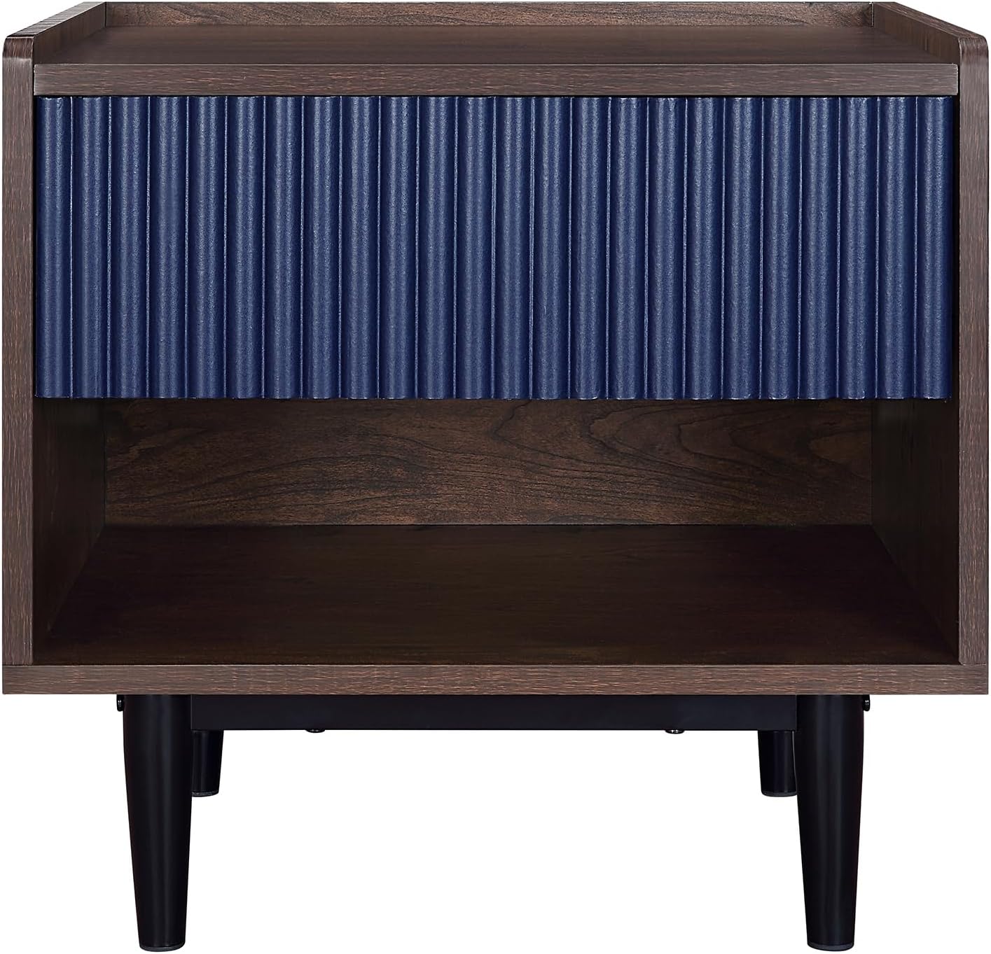 Manhattan Comfort Duane Fluted Nightstand with Full Extension Drawer and Open Shelf, Steel Legs, Bedside Table, Industrial Chic Accent Table for Living Room, Entryway and Bedroom in Navy Blue