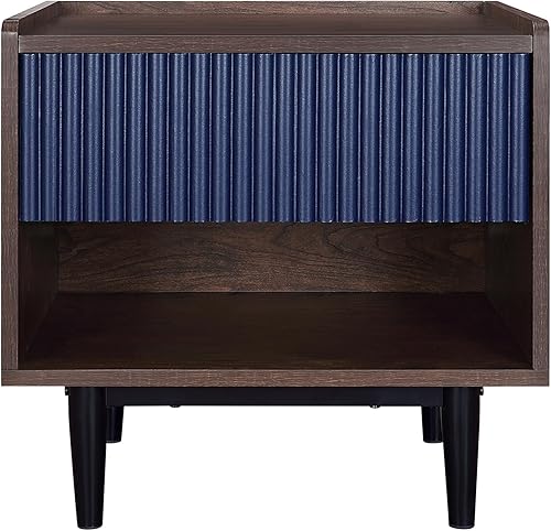 Manhattan Comfort Duane Moderna mesita de noche acanalada, mesita de noche con cajón de extensión completa y estante abierto, muebles industriales