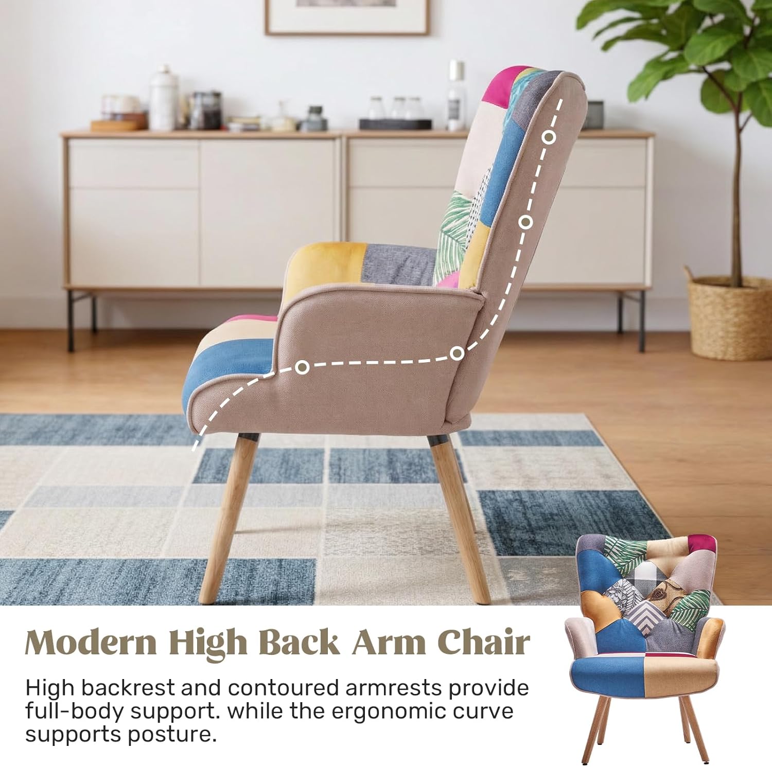 Joysoul Living Room Accent Chair Modern High Back Arm Chair, Colorful Plaid Bohemian Style Chairs for Bedroom Waiting Room