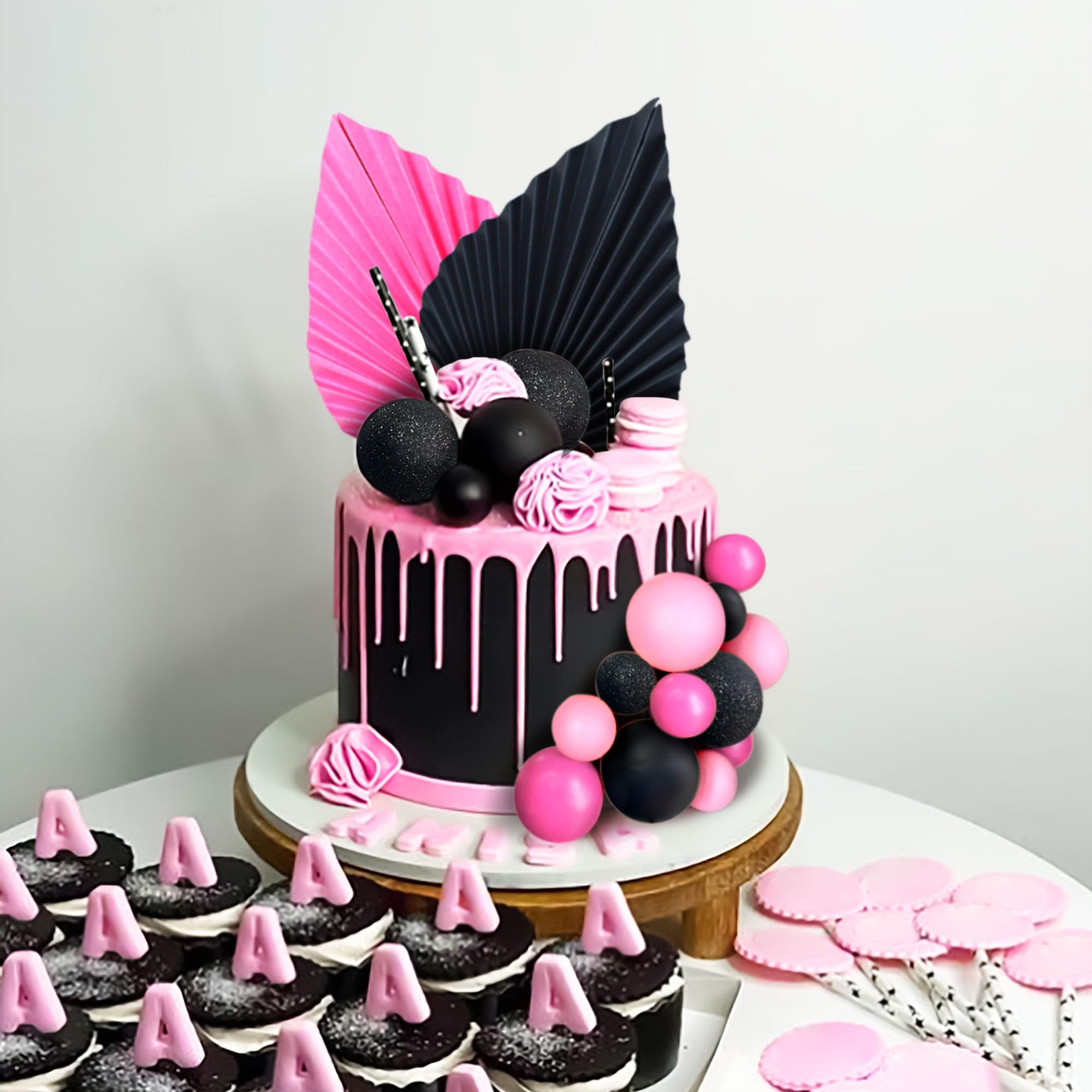 LaVenty Tortenaufsatz mit rosafarbenen und schwarzen Kugeln, für Hochzeit, Brautparty, Junggesellinnenabschied, Mädchenparty, Kuchendekorationen
