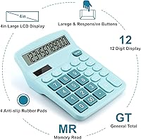 Vista 4 de Office Desk Calculator with Solar Power, 12 Digits Large LED Display, Calculators Desktop with Big Buttons, Blue Office Home School Supplies (Blue)
